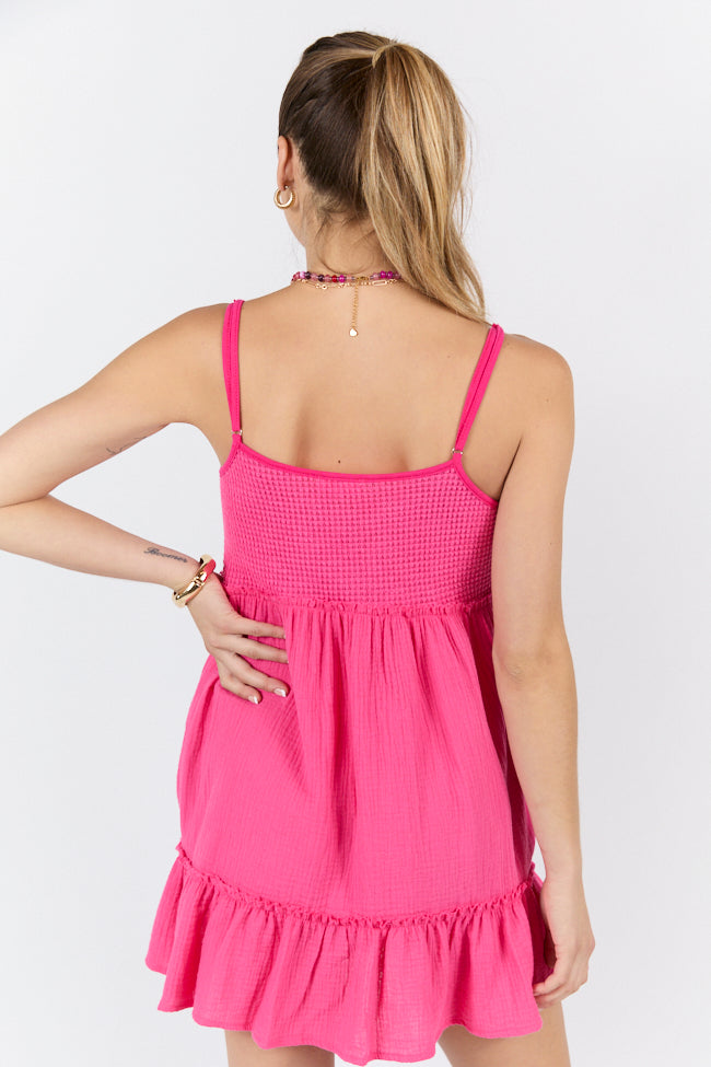 Sunny Day Stroll Pink Waffle & Gauze Mini Dress - Summer Casual Sleeveless Flowy Dress for Women | Perfect for Beach Vacation, Brunch Dates & Outdoor Parties