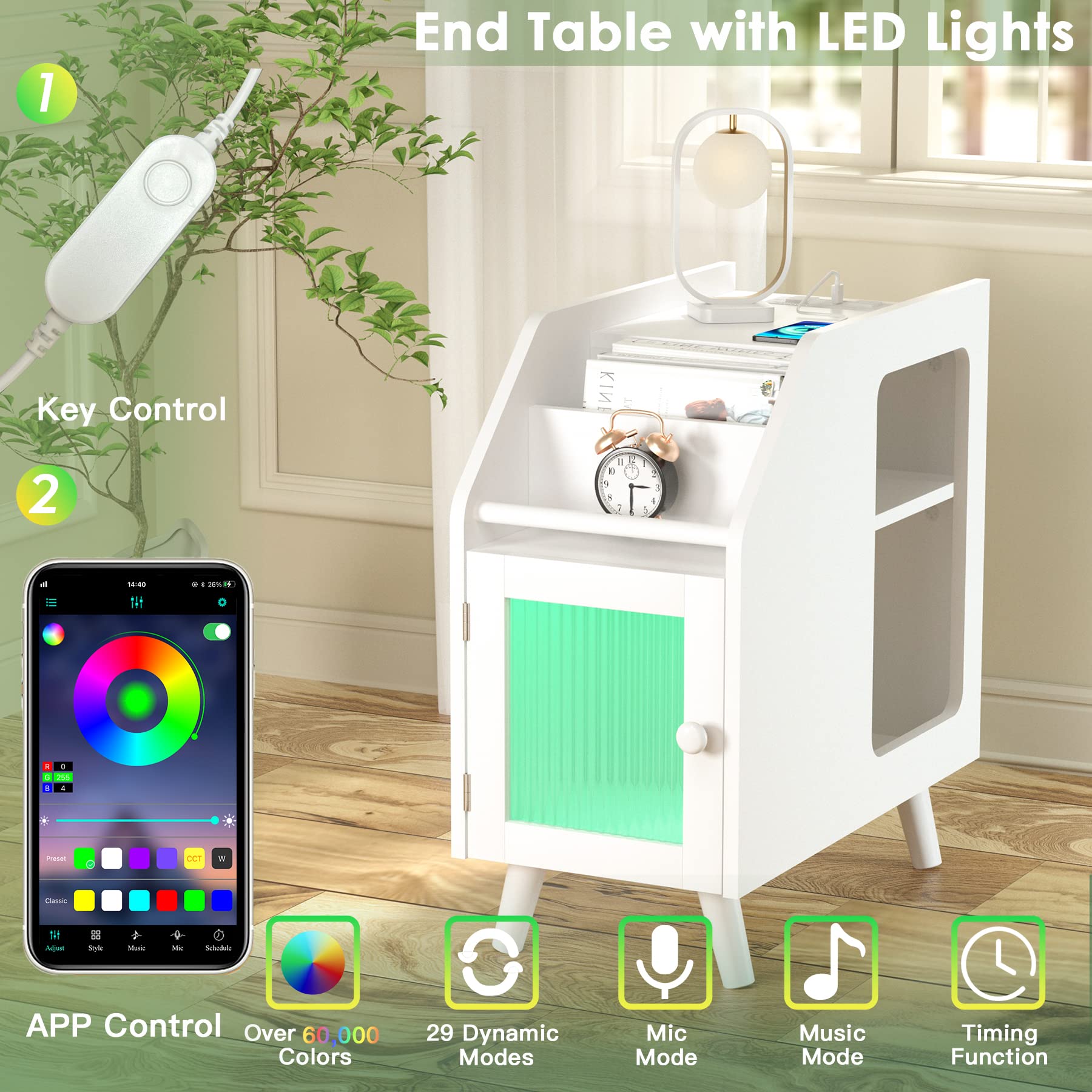 White Narrow Nightstand with Charging Station, USB Ports & Outlets - LED Light Bedside Table with Storage Cabinet for Small Spaces | Perfect for Bedroom, Living Room & Dorm Use