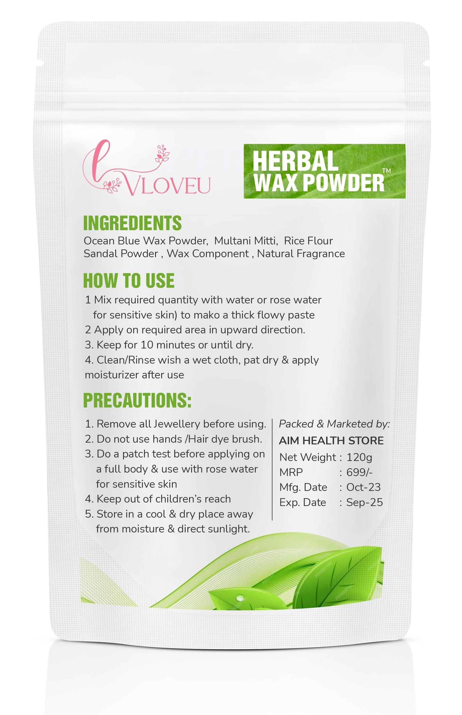 VLOVEU Herbal Wax Powder for Hair Removal - 120g Natural Painless Facial Hair Remover for Women | Bikini, Legs & Underarms Waxing | Quick 5-Minute Hair Removal Solution | Ideal for At-Home Spa, Salon & Travel Use