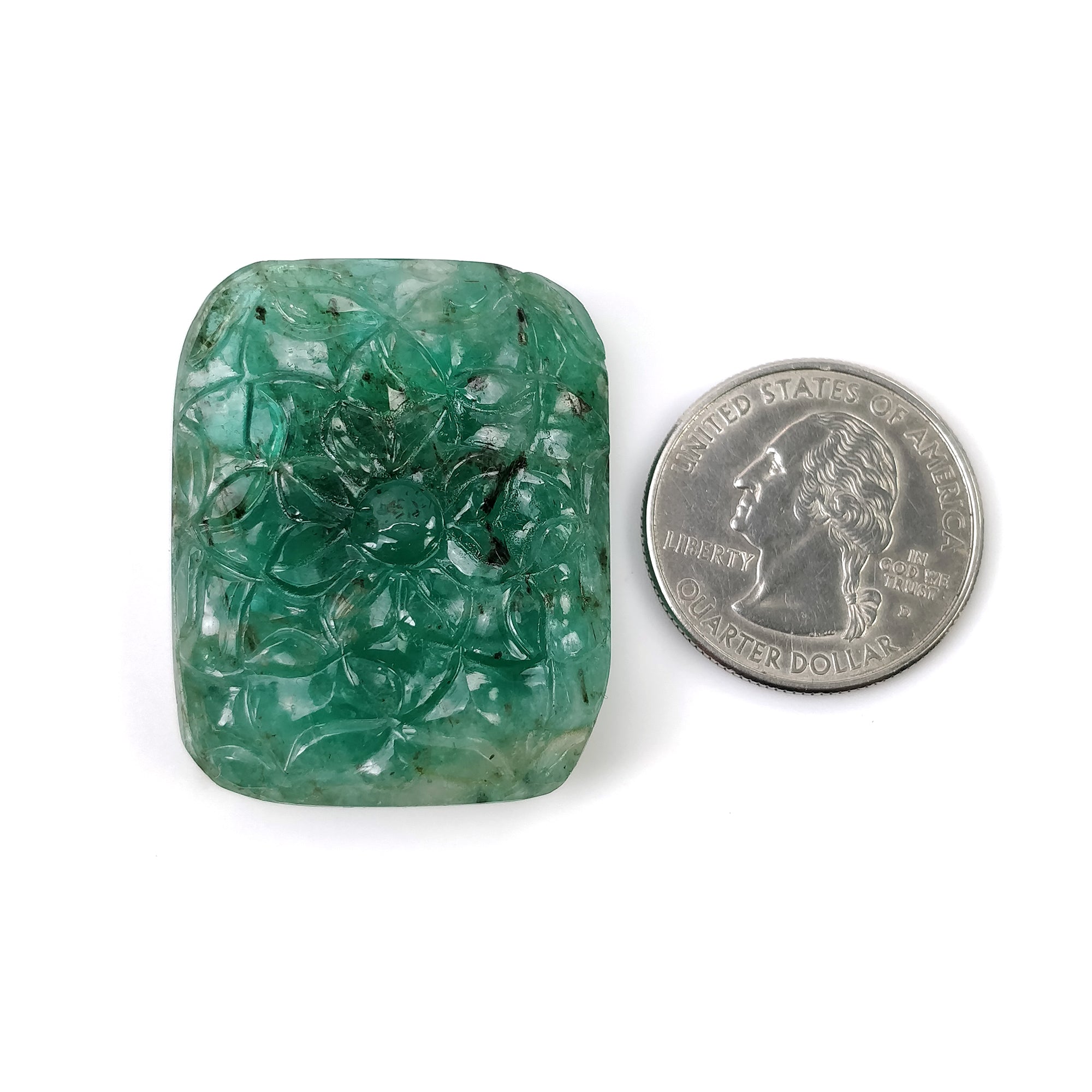 Natural Untreated 97.80cts Green Emerald Gemstone - Hand Carved Cushion Shape 37.5x30mm | Both Side Carved | Jewelry Making, Engagement Rings & Luxury Gift