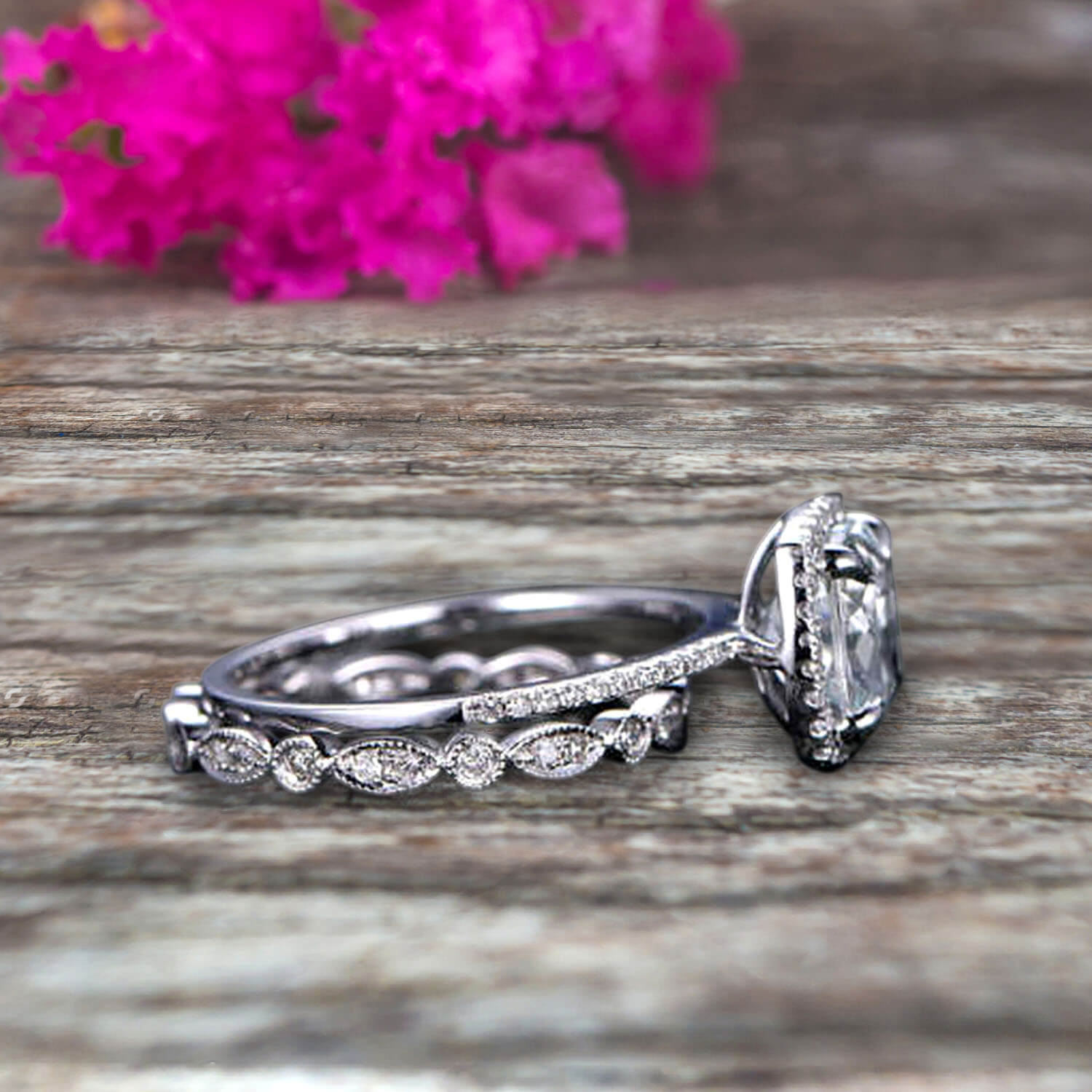 1.75 Carat Cushion Cut Vintage Aquamarine Engagement Ring with Wedding Band in 10k White Gold - Perfect for Proposals, Anniversaries & Bridal Jewelry