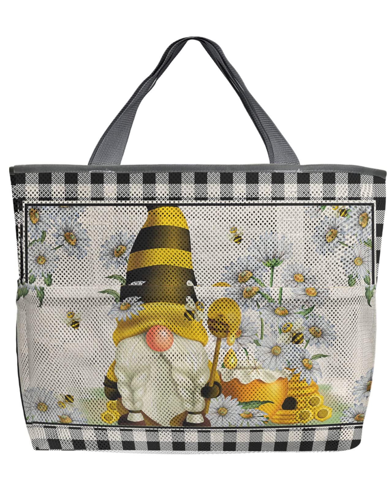 Yellow Honey Bee Gnome Mesh Beach Tote Bag - 60L Oversized Daisy Flower Design with Black White Plaid & Pockets | Foldable Lightweight Swim Bag (24
