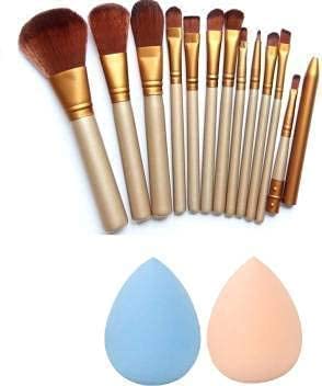 Dyegim 12-Piece Makeup Brush Set with 2 Beauty Blenders - Premium Brown Cosmetic Brushes for Foundation, Blending & Contouring - Perfect for Professional Makeup Artists & Beginners