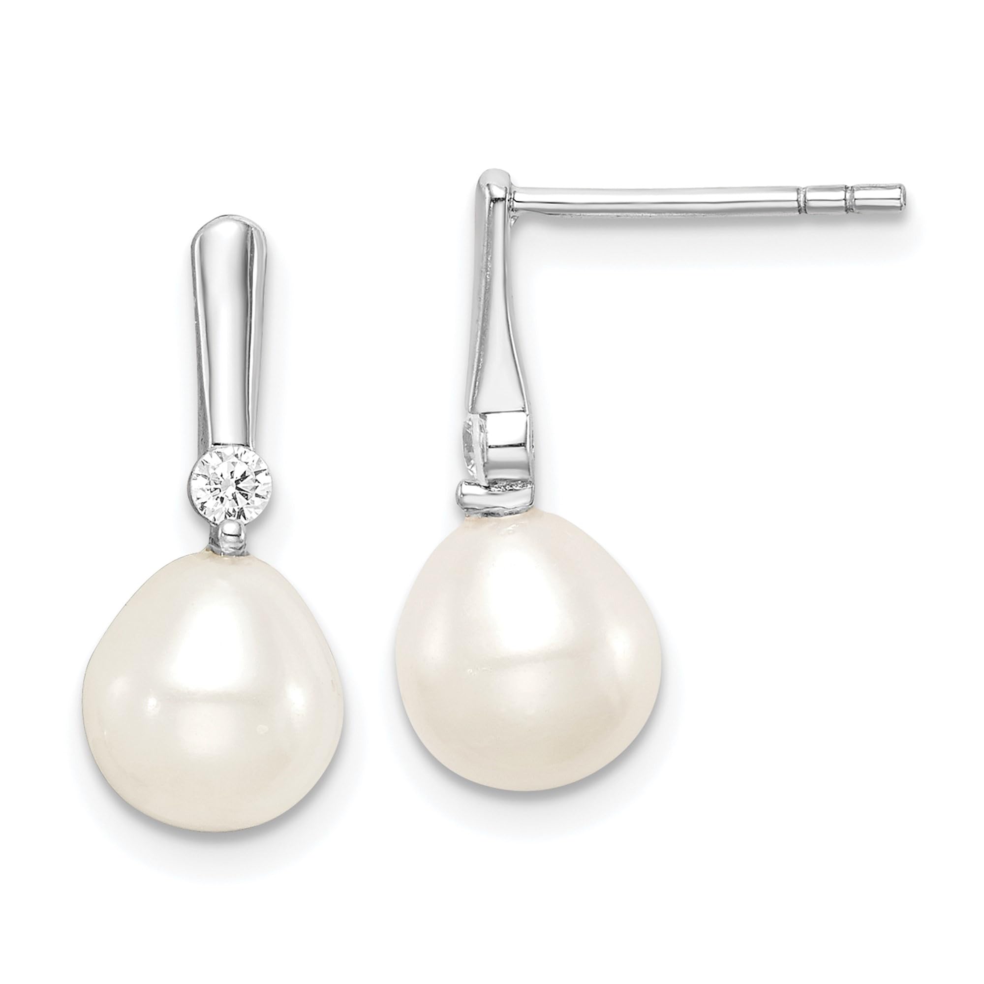 925 Sterling Silver 7mm Rice Freshwater Pearl & Cubic Zirconia Drop Earrings for Women - Elegant Dangle Jewelry for Wedding, Party & Everyday Wear
