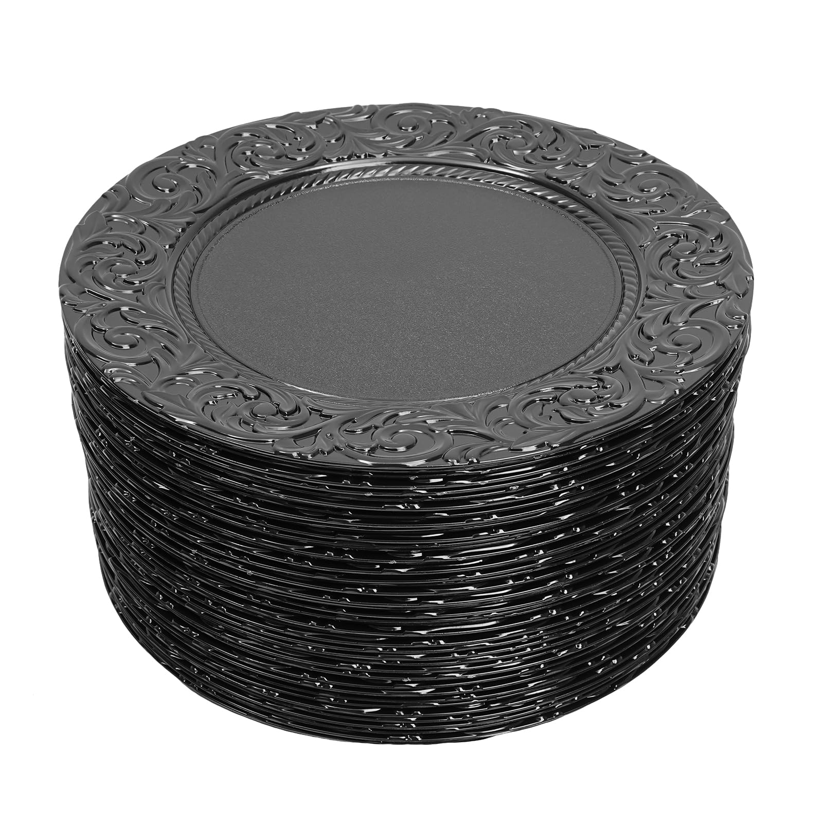100 Pcs Antique Black Charger Plates - 13 Inch Round Plastic Dinner Plates with Embossed Floral Rim - Bulk Decorative Chargers for Wedding, Banquet & Formal Dining Events - Durable Disposable Server Plates for Parties, Catering & Special Occasions