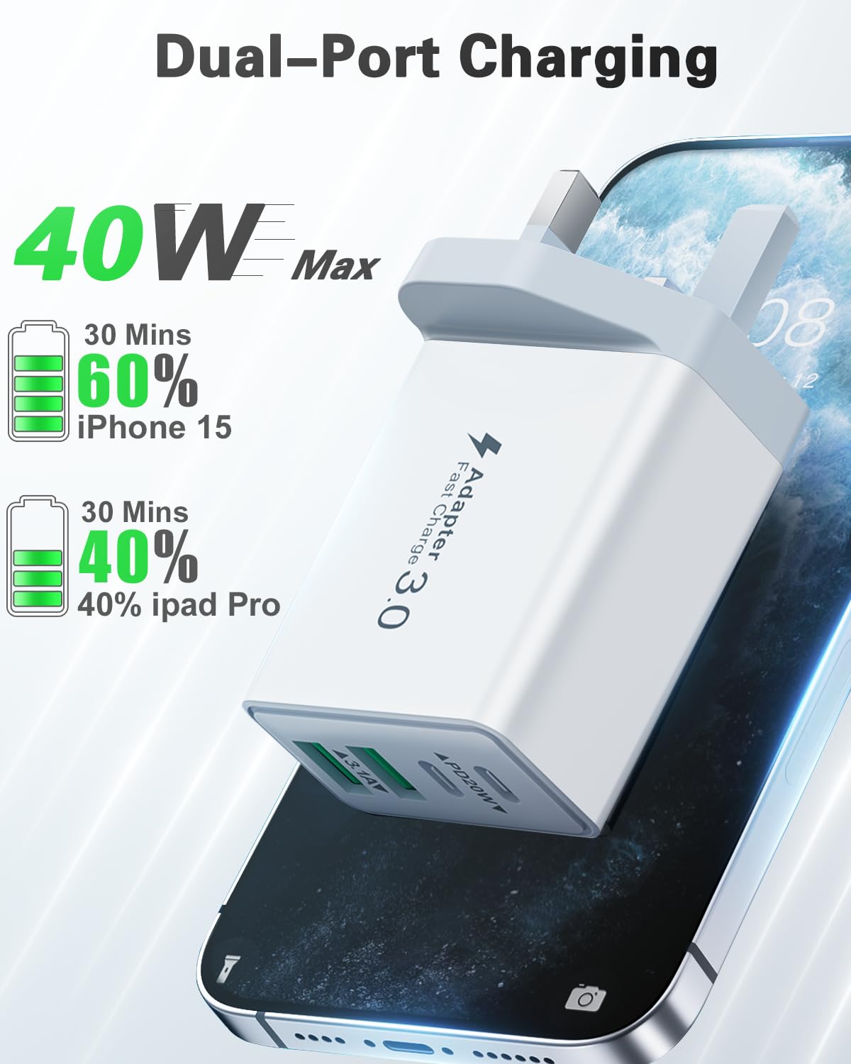 40W Dual USB C Fast Charger Plug - 2-Pack UK Wall Adapter with 4 Ports for iPhone 16/15/14/13/12/11 Pro Max/XS, iPad, Samsung Galaxy - Compact Multi-Device Charging Station for Home, Office & Travel