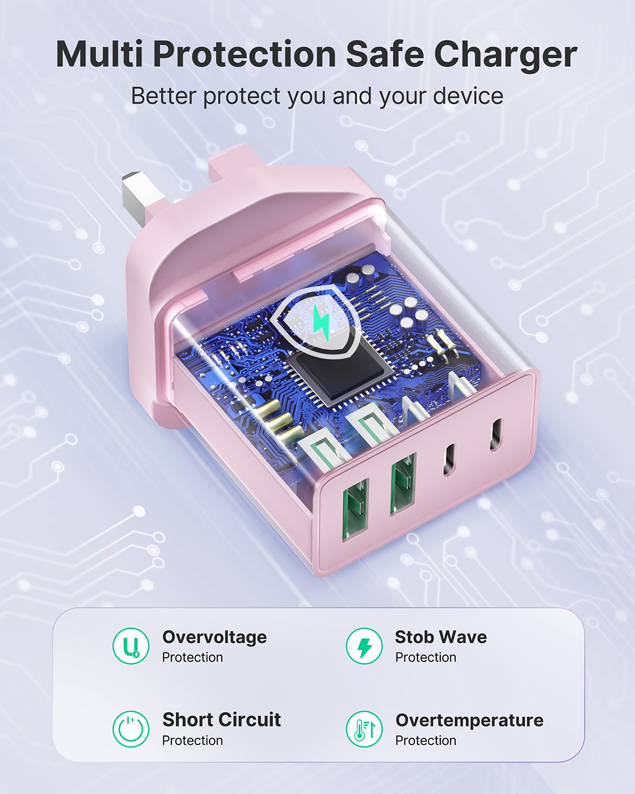 40W 4-Port USB C Charger with PD & QC 3.0 | Fast Wall Charger Plug for iPhone 15/14/13/12/11 Pro Max/XS/XR/SE, iPad, Samsung Galaxy, Google Pixel | UK/US Dual Port Adapter | Perfect for Home, Office & Travel Charging