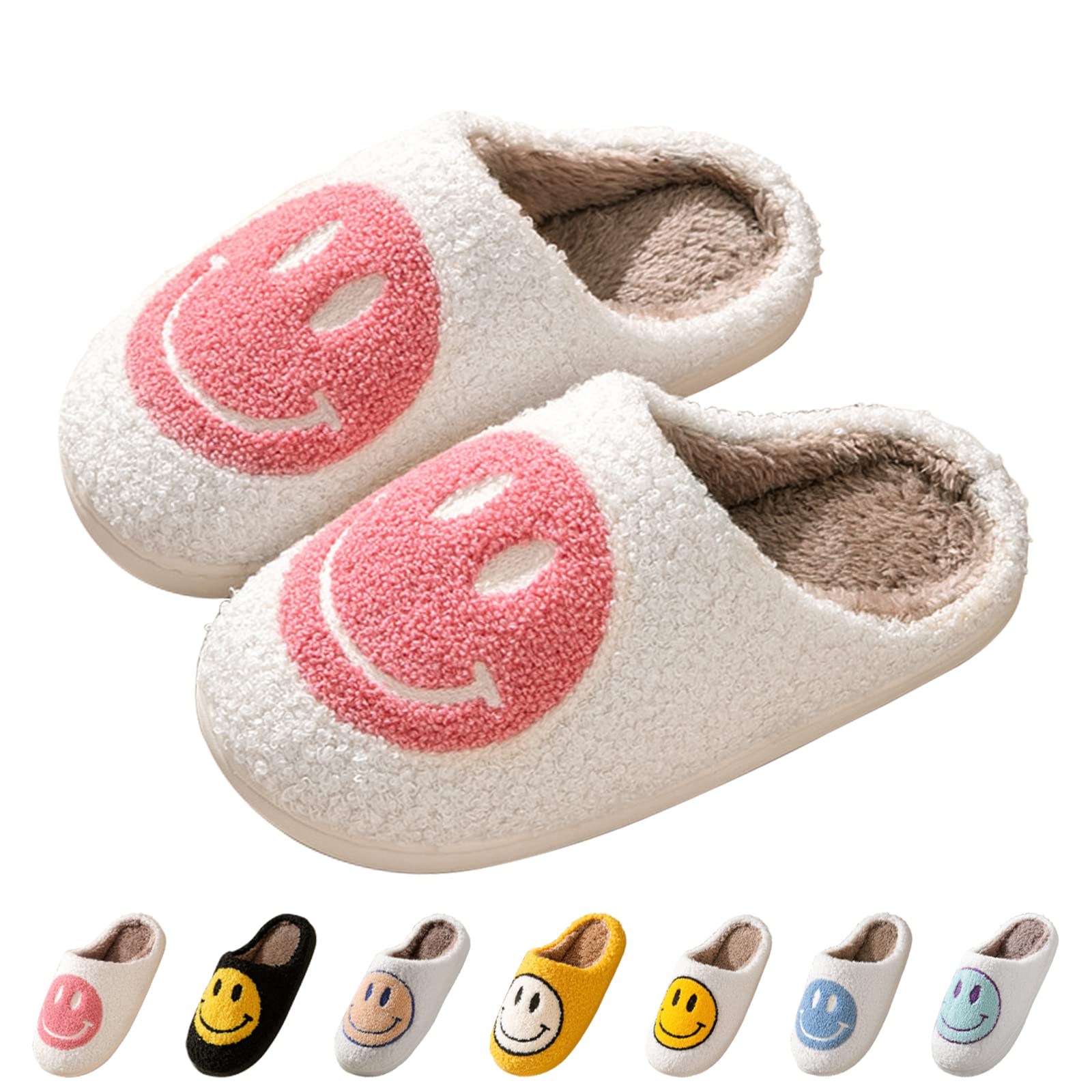 Women's Smile Face Slippers - Soft Plush Retro Preppy Slip-On Slippers with Happy Face Design | Cozy Indoor & Outdoor House Shoes for Relaxing at Home, Lounging, or Quick Errands
