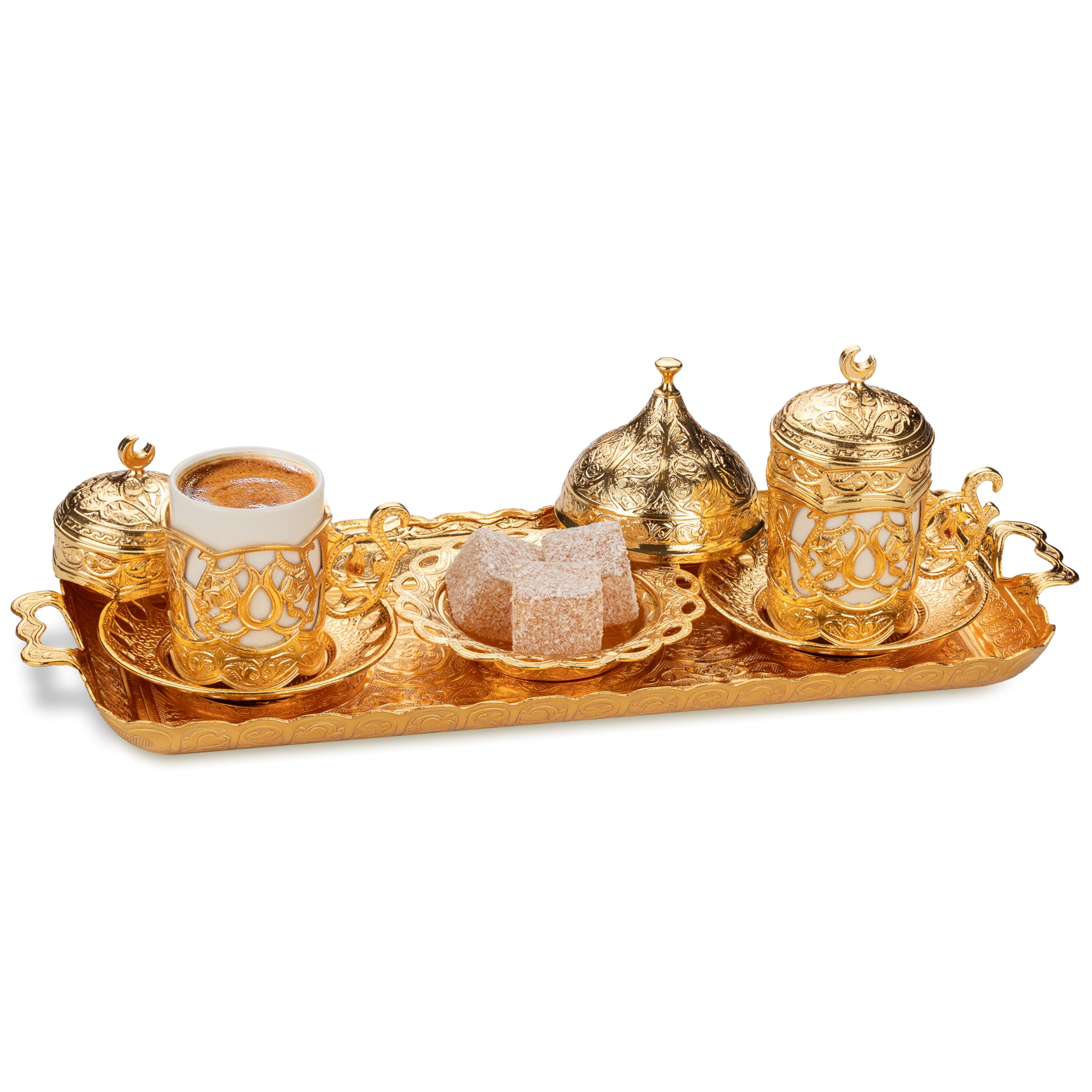 Premium Ottoman Turkish Greek Arabic Espresso Coffee Cups with Saucer and Lid - Set of 2, Gold Hilal Design - Perfect for Middle Eastern Coffee Ceremonies, Home Decor & Gift Giving