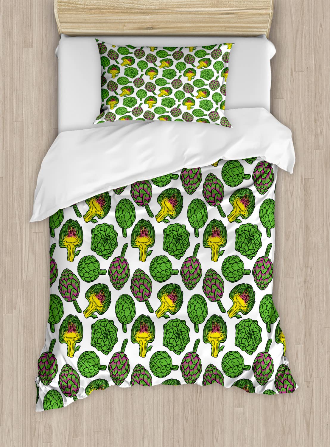 Ambesonne Artichoke Duvet Cover Set - King Size 2-Pack with 4 Pillowcases | Vivid Yellow & Fern Green Cooking-Themed Bedding | Vegan-Friendly Home Decor for Modern Kitchens & Foodie Lovers