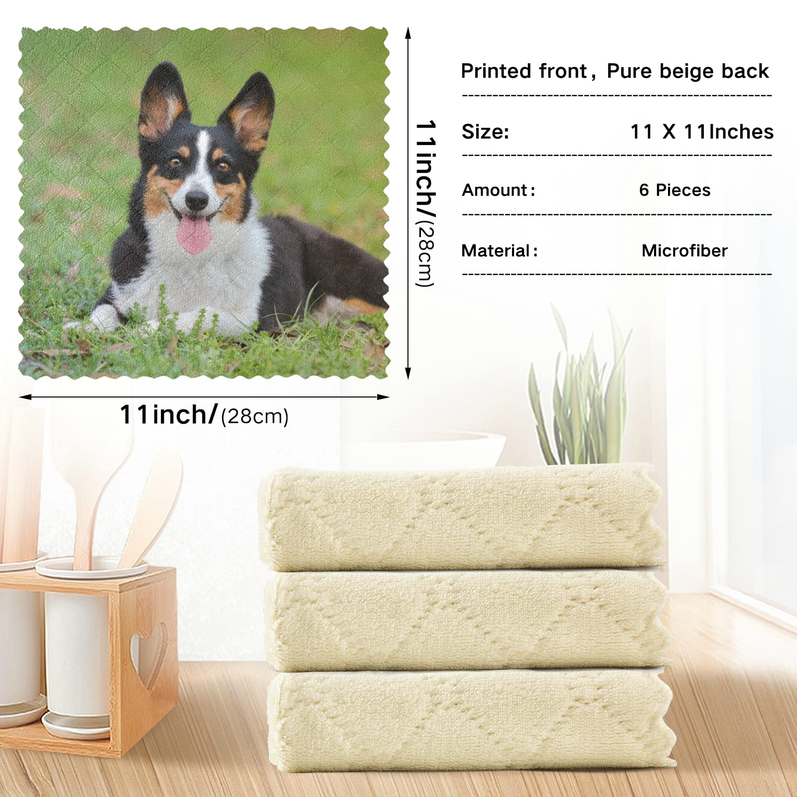 SUABO 6 Pack Welsh Corgi Kitchen Towels - Absorbent Reusable Cleaning Cloths for Dishes, Countertops & Household Chores | Cute Dog Design Home Decor Gift