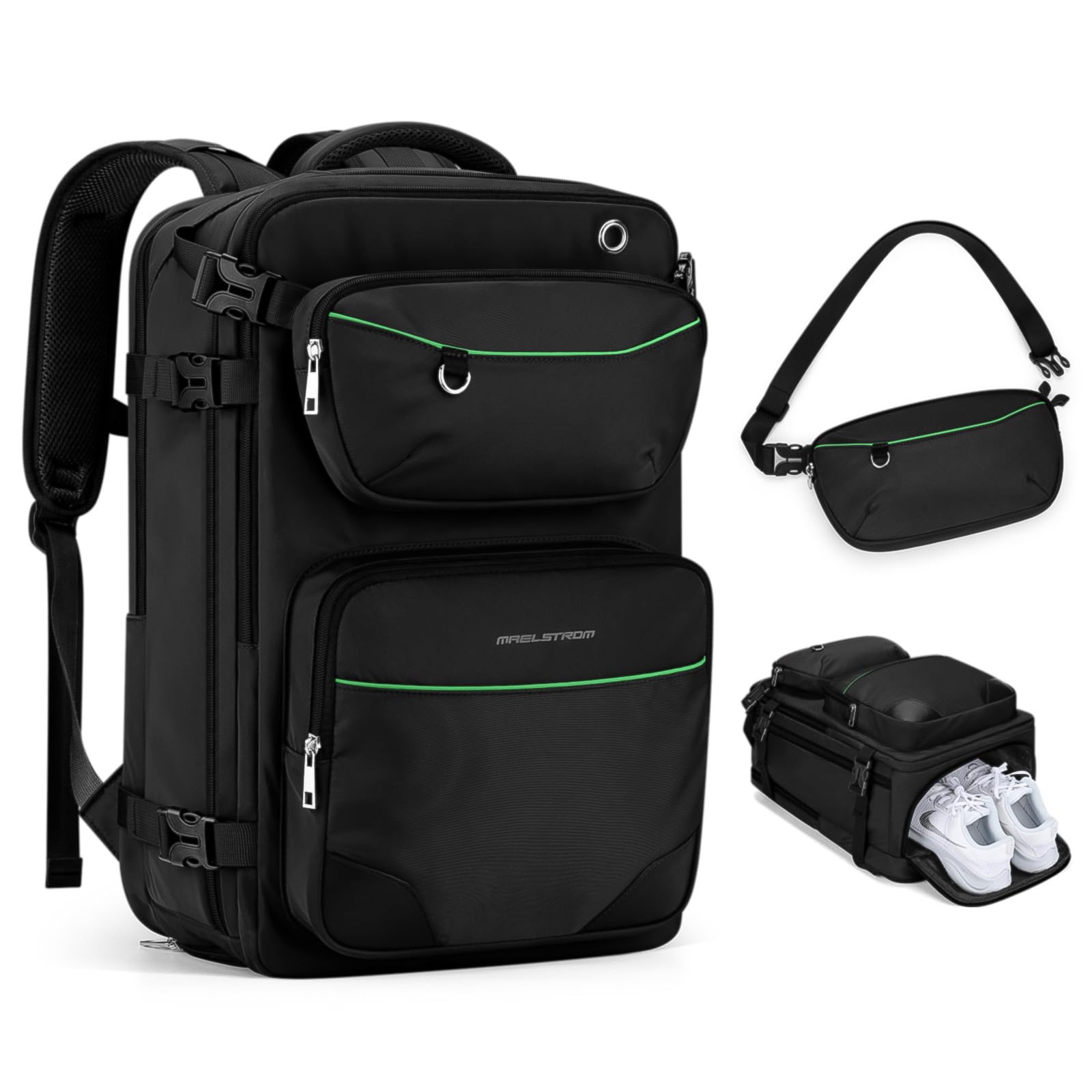 Maelstrom 35L Travel Backpack for Men & Women - Waterproof Carry-On with Belt Bag & Shoe Compartment, Fits 17” Laptop - Classic Black, Large - Perfect for Airplane Travel & Outdoor Adventures