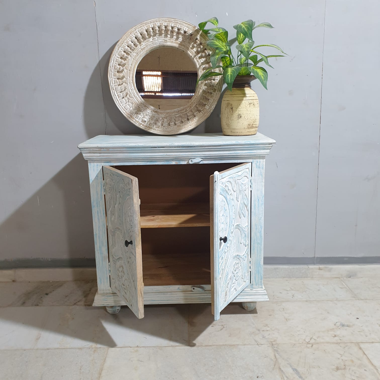 Handmade Carved Indian Solid Mango Wood Cabinet - 2 Door Bluewash Storage Furniture for Living Room, Bedroom & Entryway Decor