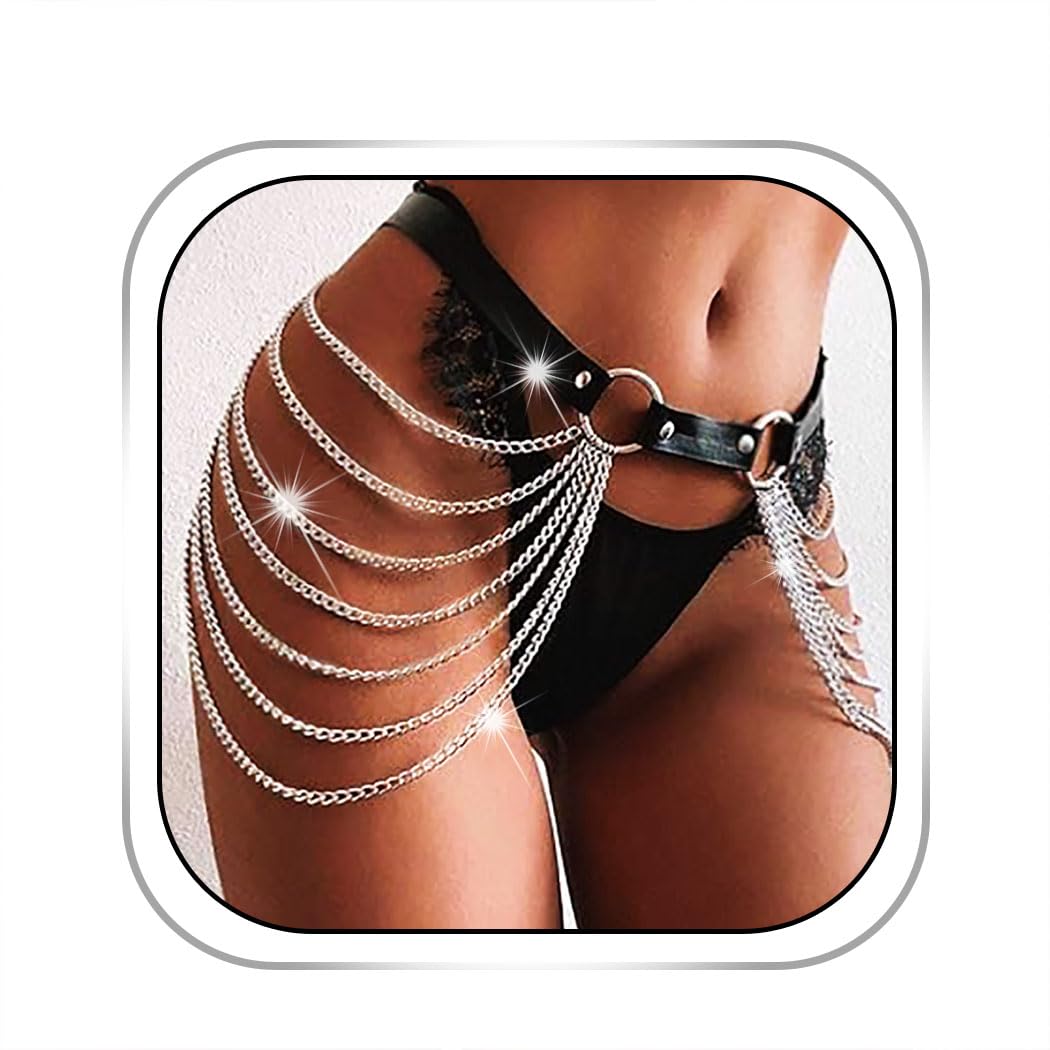 Punk Leather Body Chain - Black Waist Chain & Sexy Belt Body Harness for Women | Gothic Rave Nightclub Party Accessories | Perfect for Music Festivals, Halloween Costumes and BDSM Fashion (Black-9)