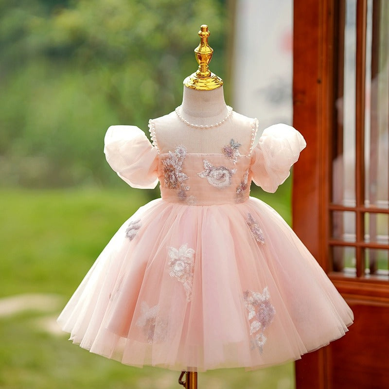 Elegant Pink A-Line Flower Girl Dress with Lace & Puff Sleeves - Perfect for Weddings, Baptisms & Special Occasions