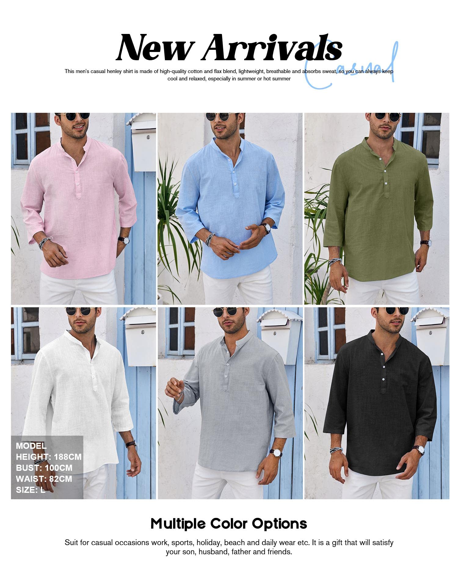 Ryannology Men's Linen Shirts - Breathable 3/4 Sleeve Henley T-Shirt | Casual Cotton Summer Top for Beach, Yoga & Outdoor Activities