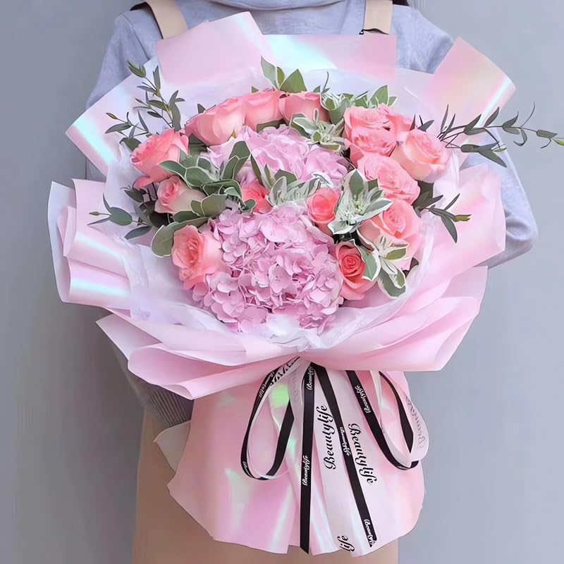 MLSG 20 Sheets Waterproof Floral Wrapping Paper - Bouquet Gift Wrap for Wedding, Birthday, DIY Crafts | Premium Florist Supplies Packaging Paper (Aqua Pink) - Perfect for Gift Boxes, Party Decor & Special Occasions
