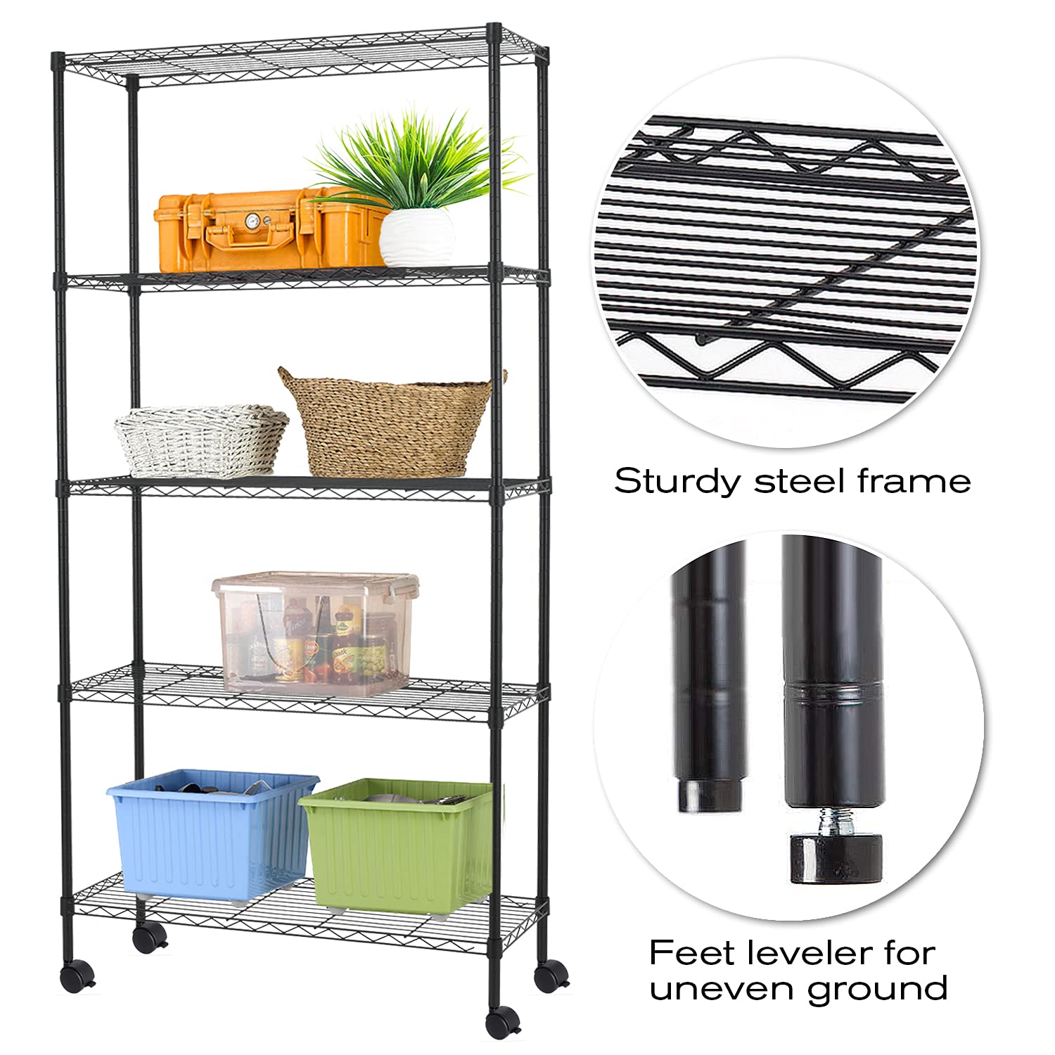 5-Tier Heavy Duty Metal Wire Shelving Unit with Wheels, 60