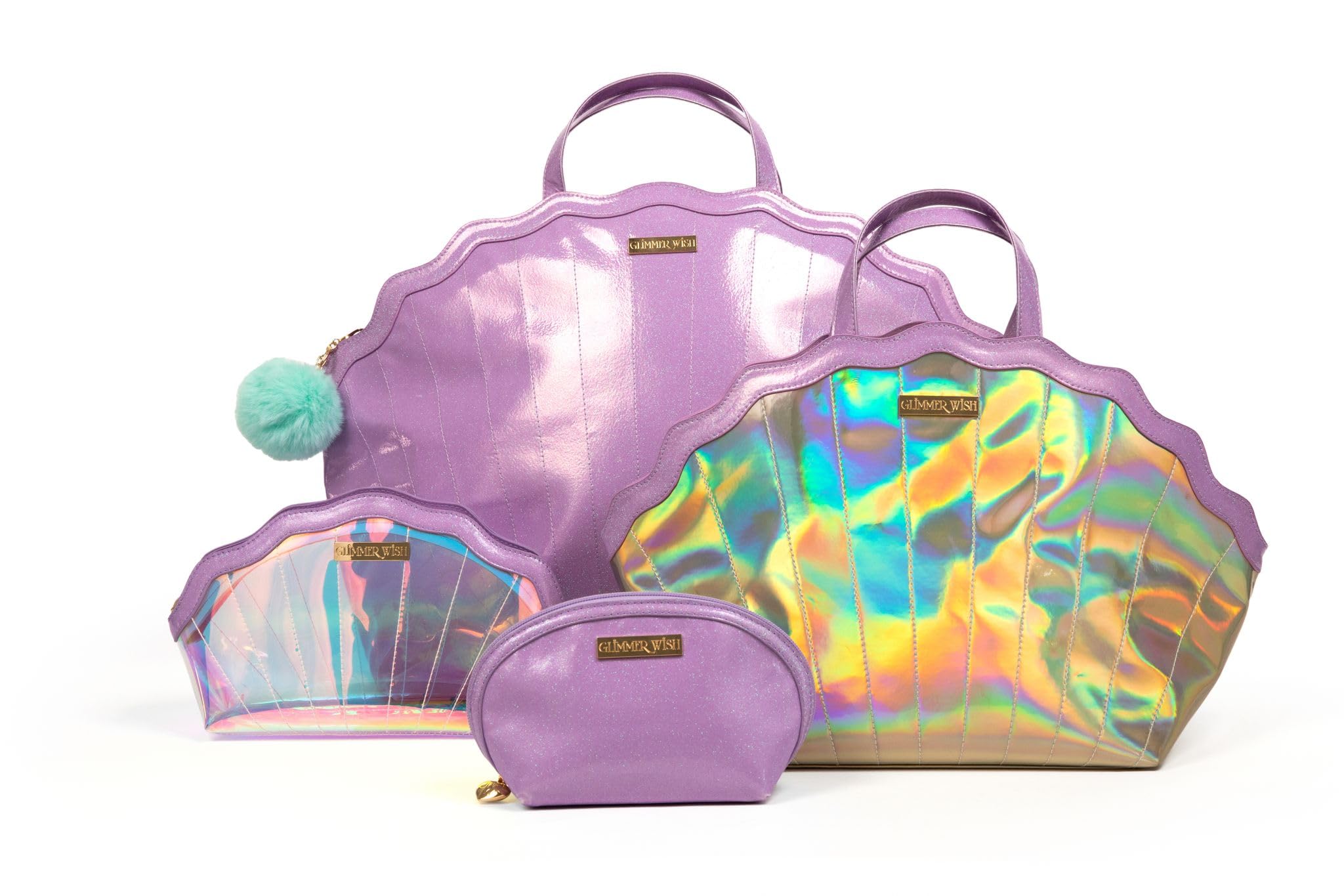Glimmer Wish Mermaid Travel Luggage Set - 4-Piece Overnight Bag, Shell Cosmetic Case, Selfcare Keepall & Purple Pearl Pouch for Teen Girls | Perfect for Beach Vacations, Sleepovers & Weekend Getaways