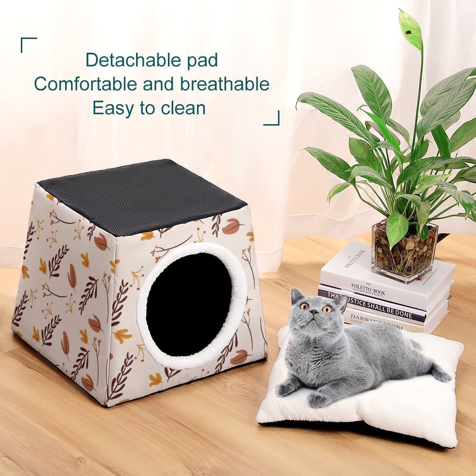 3-in-1 Multi-Functional Cat House with Autumn Leaves Print - Cozy Cat Bed, Sofa & Shelter for Indoor/Outdoor Use - Perfect for Napping, Lounging & Playtime