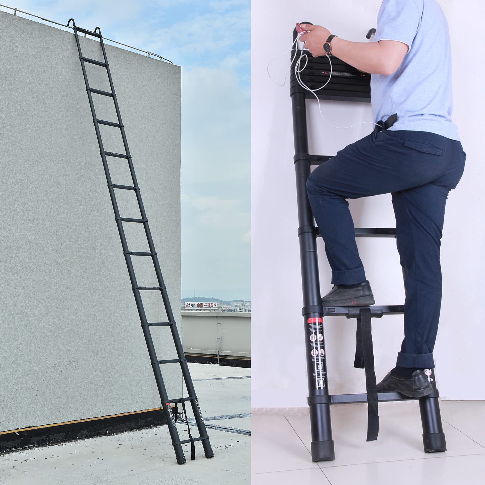 16.5FT Telescoping Ladder with Slow Release Safety Lock - 300LBS Capacity Anti-Slip Lightweight Aluminum Extension Ladder - Adjustable Height for Home, Roof, RV & Outdoor Use - Easy to Carry & Store - Black