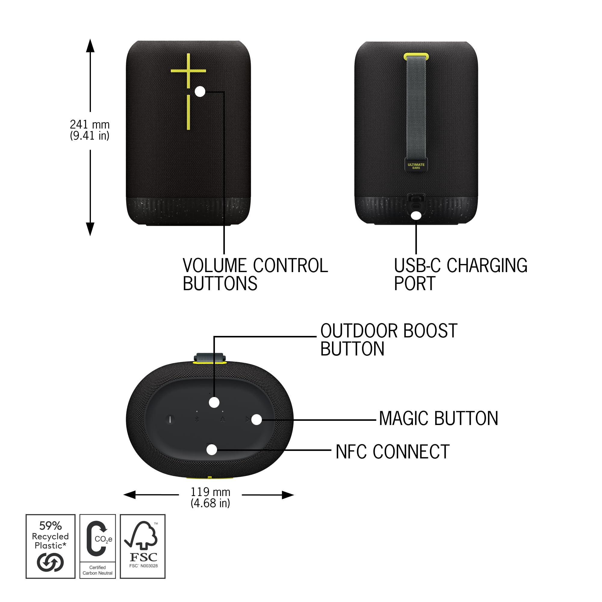 Ultimate Ears EPICBOOM Portable Bluetooth Speaker - Wireless 360° Sound with Big Bass, Adaptive EQ, IP67 Waterproof & Floatable - 17H Battery, 180ft Range, USB-C Charging (Charcoal Black) - Perfect for Pool Parties, Beach Outings & Outdoor Adventures