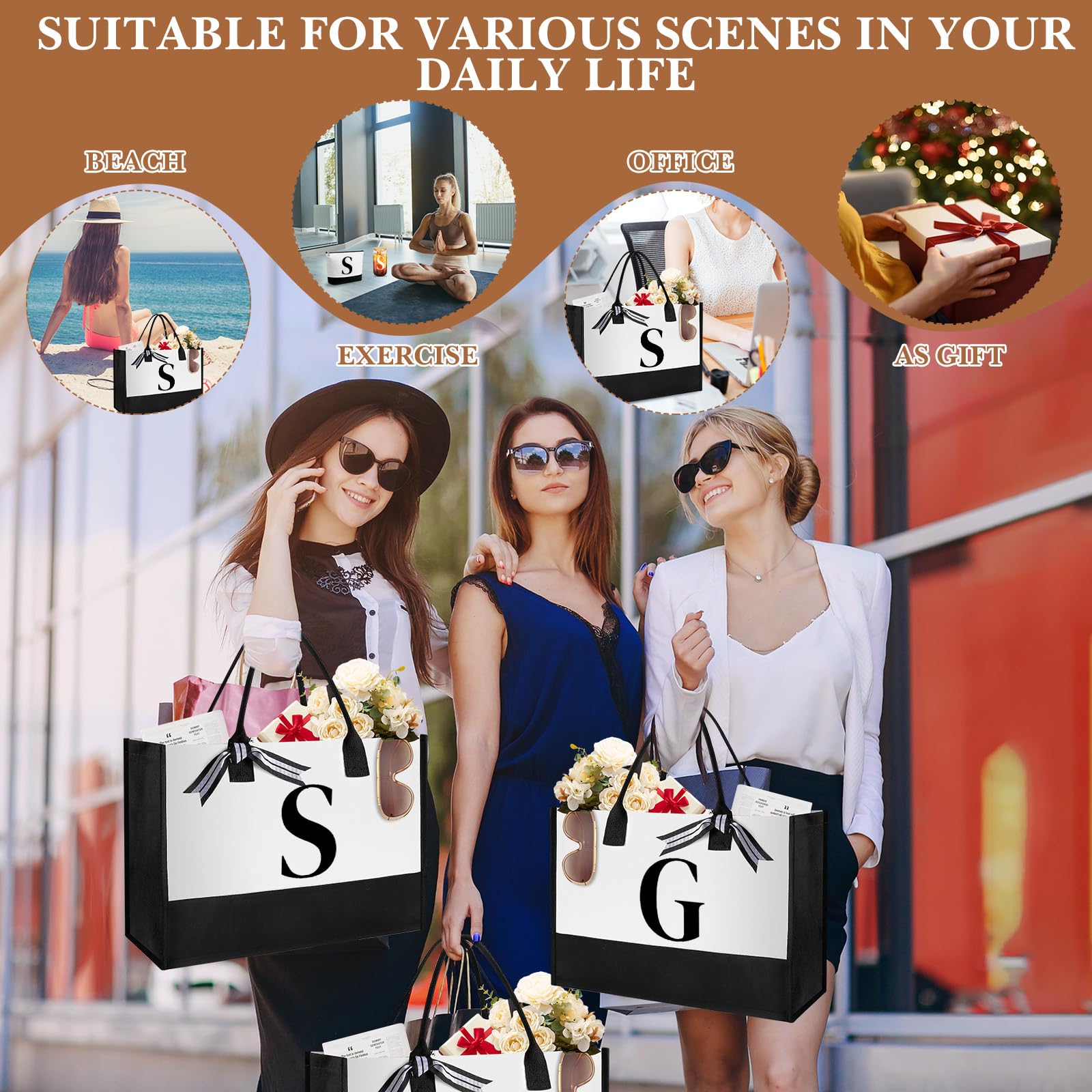 Personalized Monogram Canvas Tote Bag & Glass Coffee Cup Set - Custom Initial Gifts for Women with Zipper Makeup Pouch - Perfect for Work, Travel & Coffee Dates