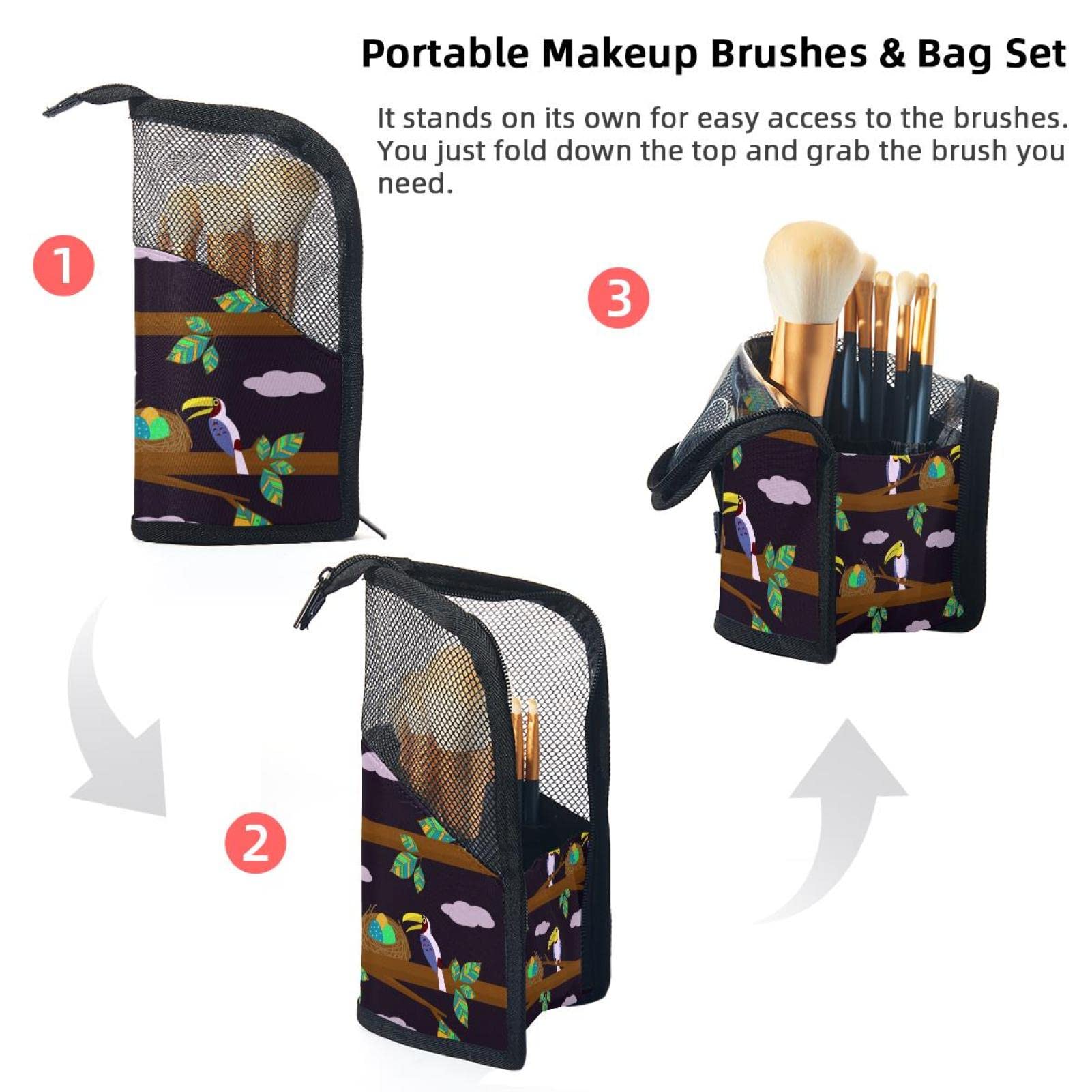 Premium 12-Slot Makeup Brush Organizer Bag - Portable Travel Cosmetic Brush Holder with Tropical Toucan & Leaf Design - Perfect for Home, Travel & Professional Makeup Artists