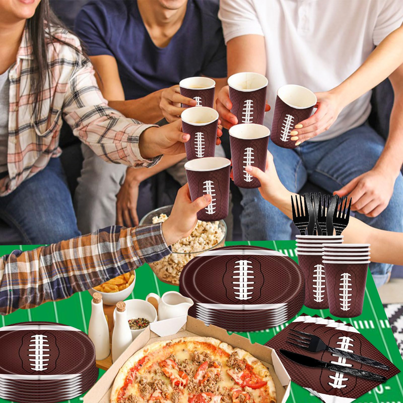 146PCS Football Party Tableware Set - Plates, Napkins, Tablecloth for Super Bowl & Birthday Decorations - Serves 24 Guests - Perfect for Game Day, Tailgating & Sports Themed Parties