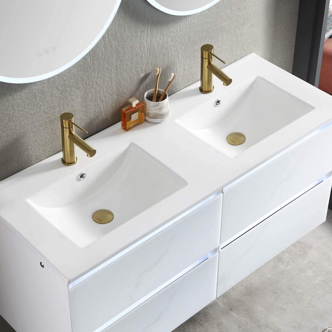 48 Inch LED Lighted Bathroom Vanity Sink Combo - Calacatta White with Adjustable Dimming Mirror Lights for Modern Bathrooms | Perfect for Master Bath, Guest Bath & Small Space Remodeling