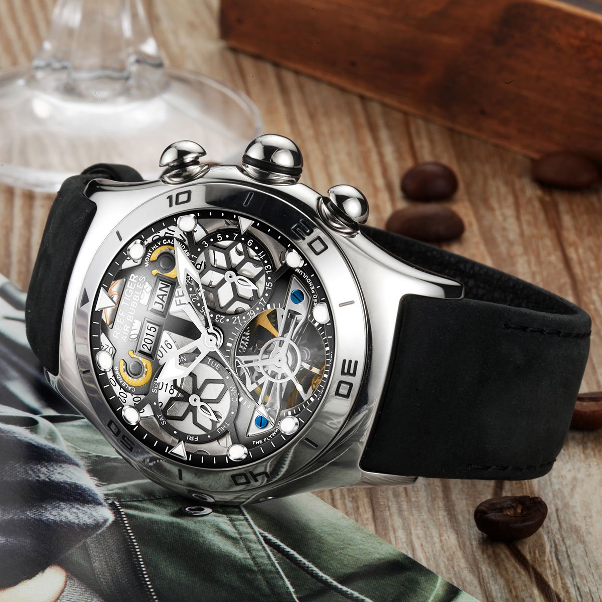 REEF TIGER Men's Black Skeleton Dial Steel Tourbillon Sport Watch RGA703 - Perfect for Outdoor Adventures, Gym Workouts & Business Casual Wear