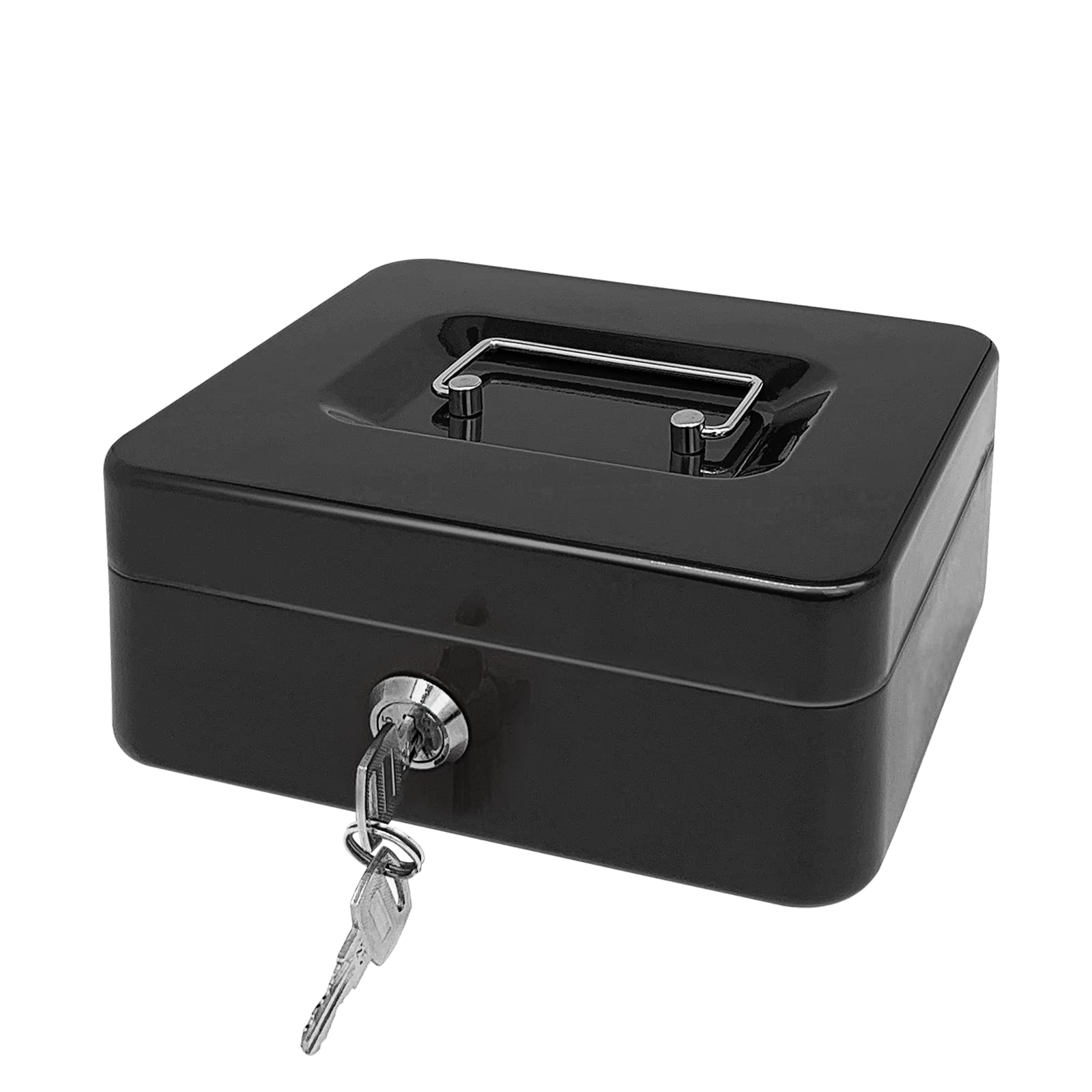 Steel Cash Box with Key Lock - 8 Inch Black Metal Money Organizer with Tray & Lockable Cover - Secure Cash Storage for Home, Office, or Retail Use