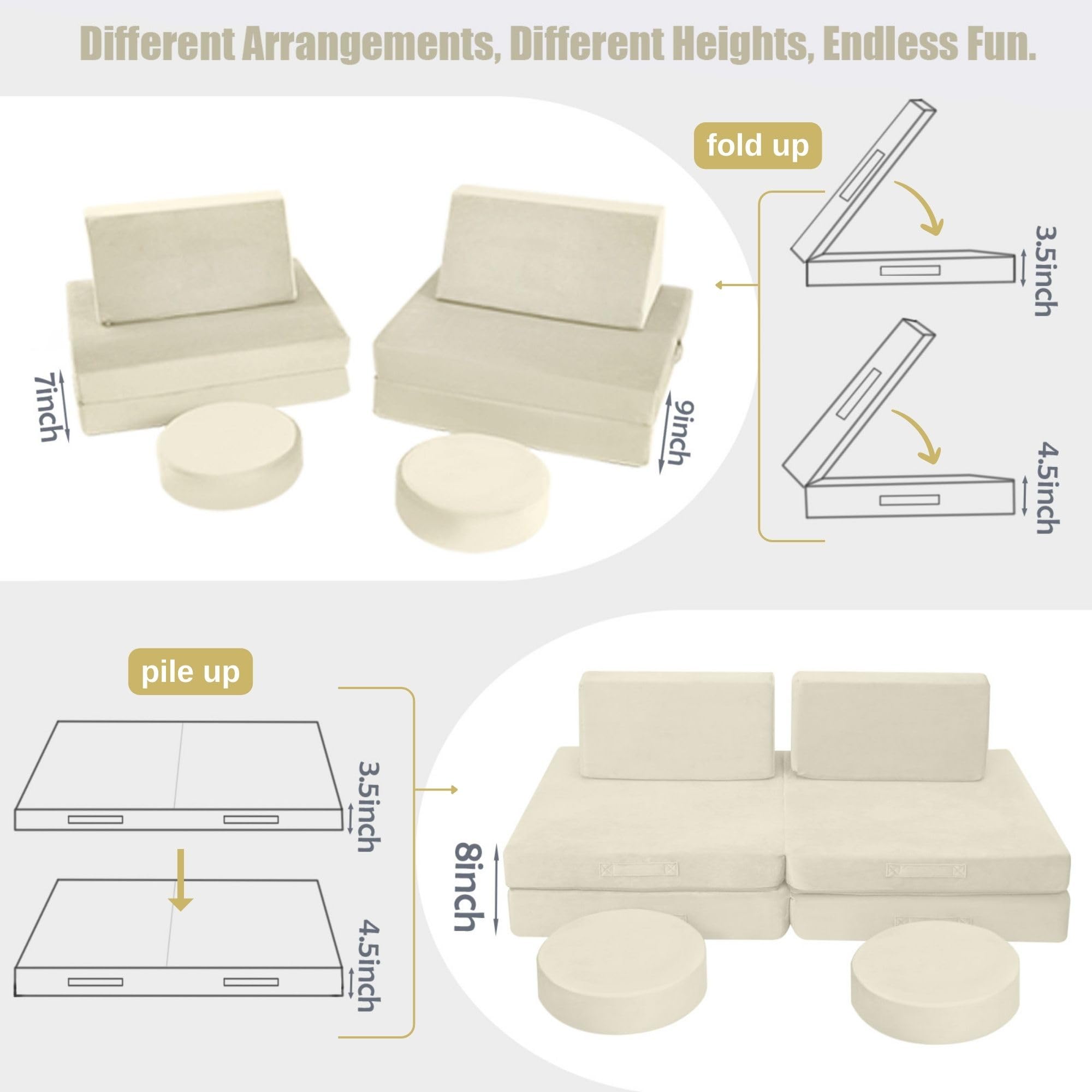 MeMoreCool Modular Kids Play Couch - Beige Foam Sofa & Fort Building Set for Toddlers | Indoor Playroom Furniture for Creative Play & Learning