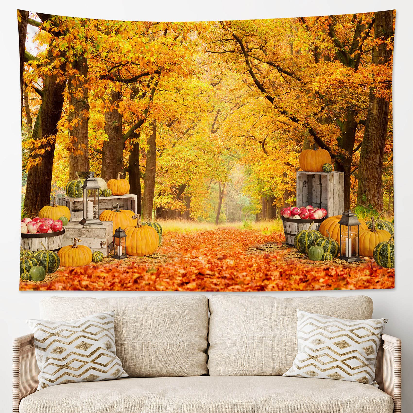 HVEST Fall Tapestry Wall Hanging - Rustic Crop Pumpkins, Orange Maple Forest, Autumn Natural Scenery, 80Wx60H Inches, Perfect for Living Room, Bedroom, Farmhouse, Holiday Party Decor, and Seasonal Home Styling