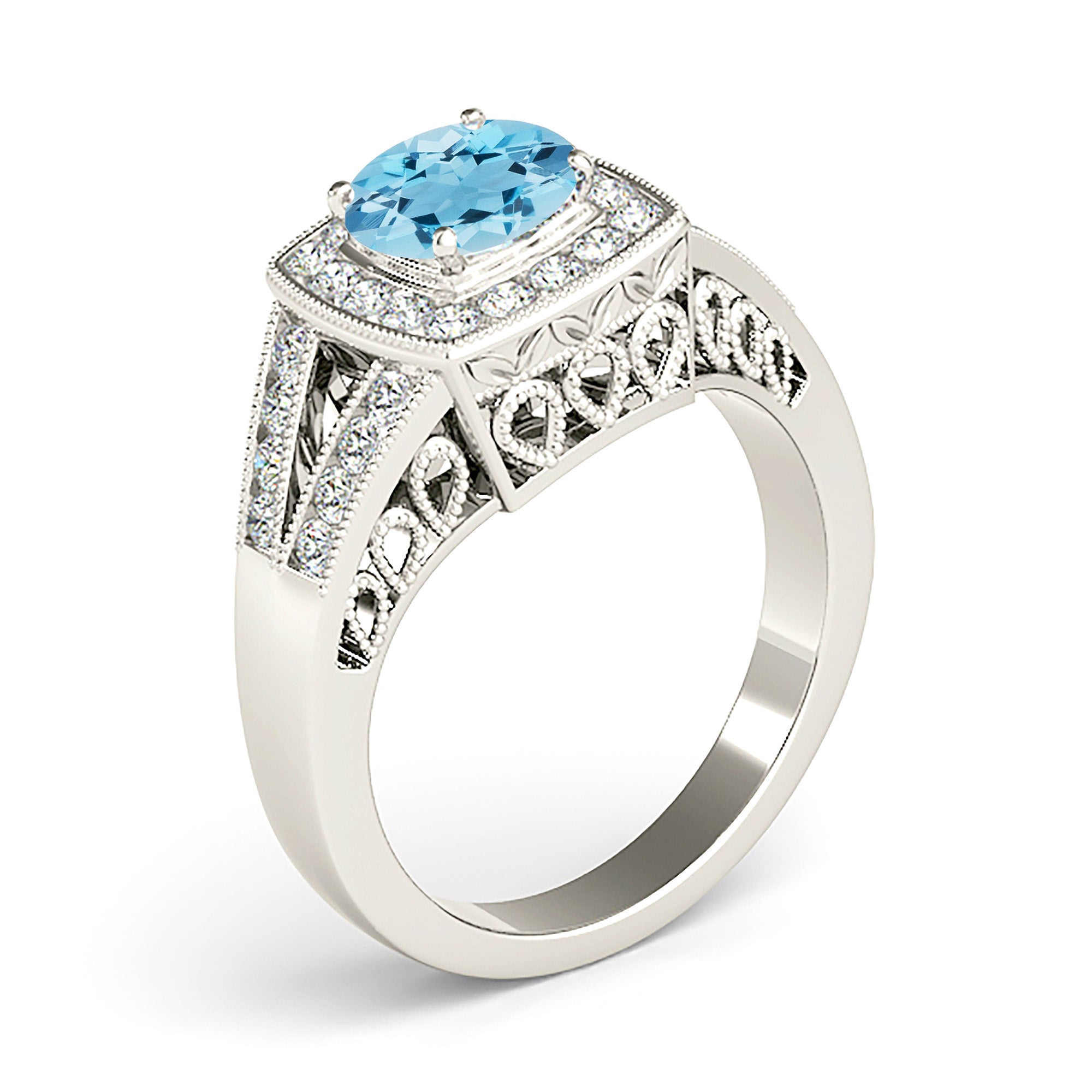 1.65 Carat Genuine Aquamarine Ring with Cushion Halo & Fancy Filigree Diamond Accents - Elegant Wedding, Engagement & Anniversary Jewelry Gift for Women