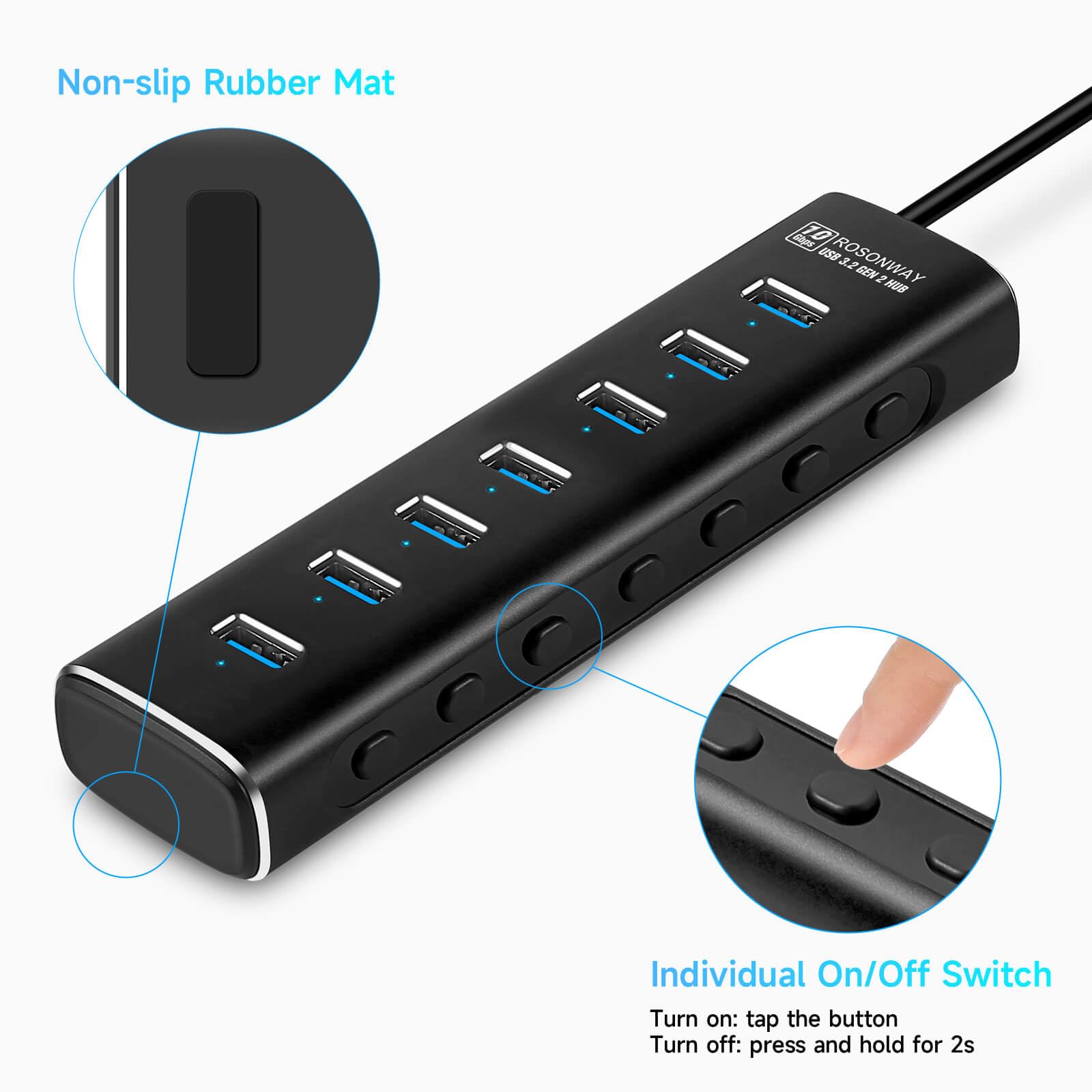Rosonway 7-Port USB 3.2 Gen 2 Hub with 10Gbps Speed, Individual Power Switches & 24W Adapter - Aluminum USB-C Hub for Laptop, PC, MacBook - Ideal for Home Office, Gaming Setup & Multi-Device Charging Station