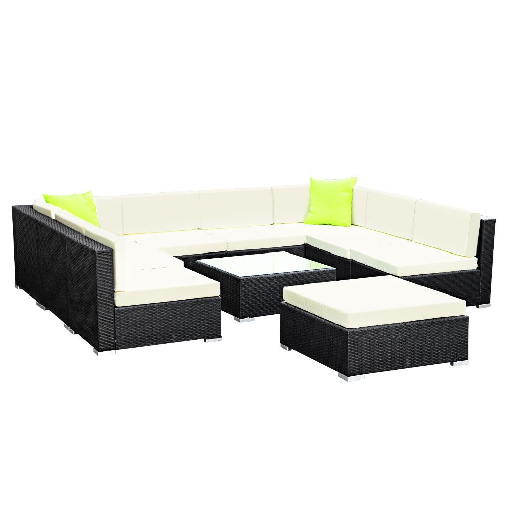10-Piece Beige Wicker Outdoor Lounge Set with Storage Cover - Perfect for Patio, Garden, and Poolside Relaxation
