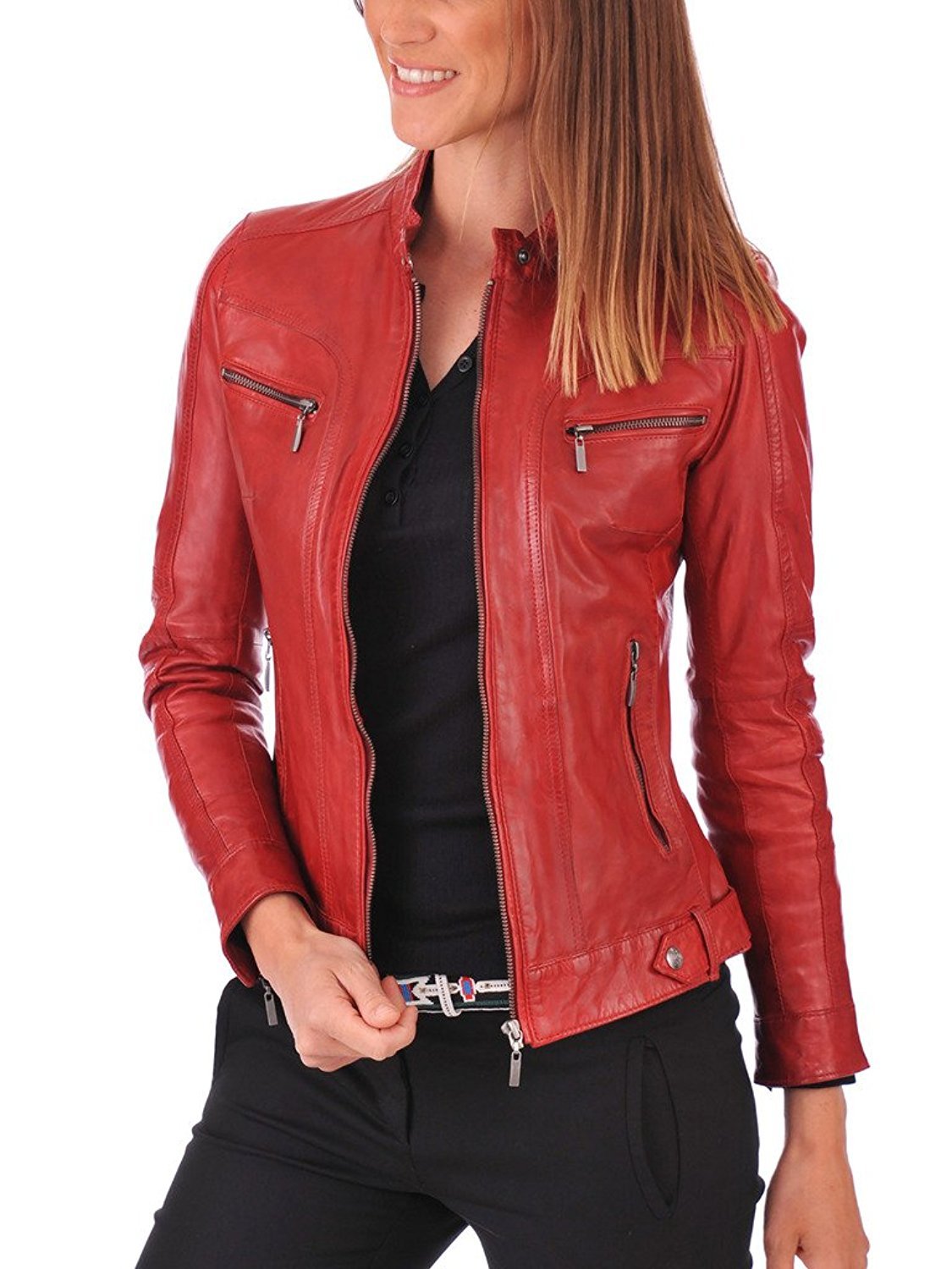 SID Red Scarlet Lambskin Leather Women's Biker Jacket - Stylish Motorcycle Outerwear for Riding & Casual Wear