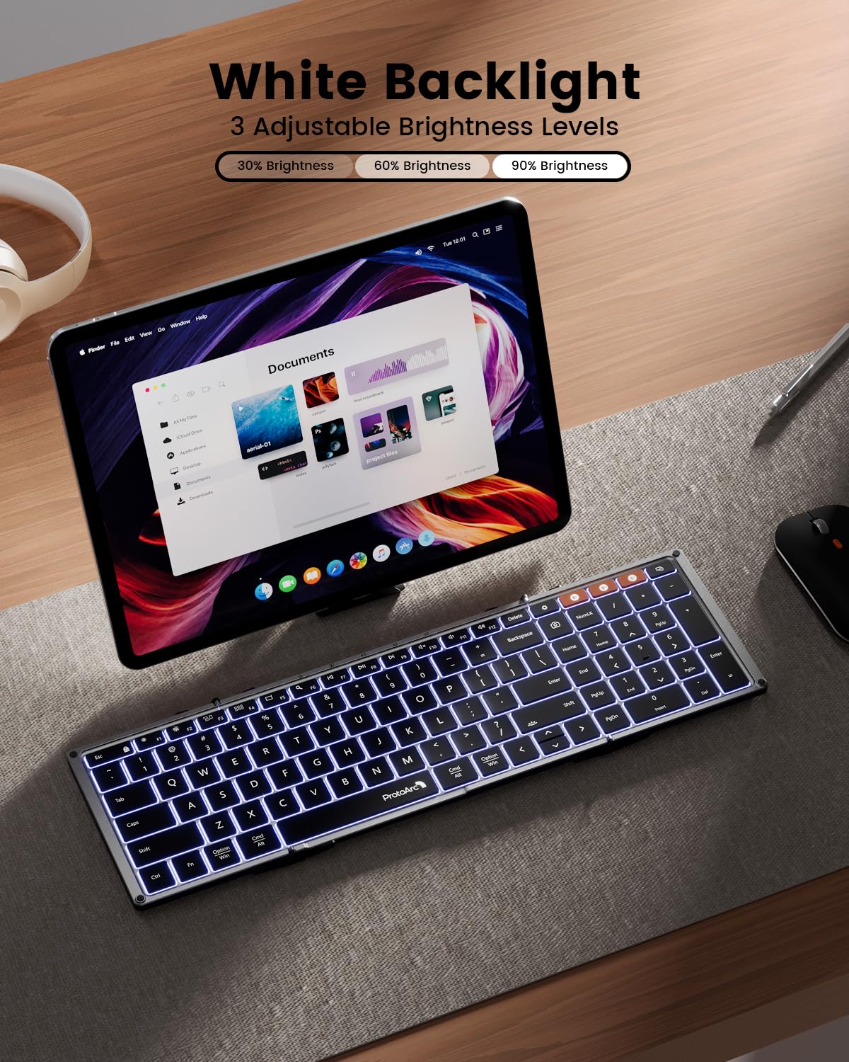 ProtoArc XK01 Plus Backlit Foldable Bluetooth Keyboard - Full-Size Portable Wireless Keyboard for iPad, Tablet, Smartphone, Laptop & PC - Perfect for Travel, Office & Home Use with Adjustable Backlight