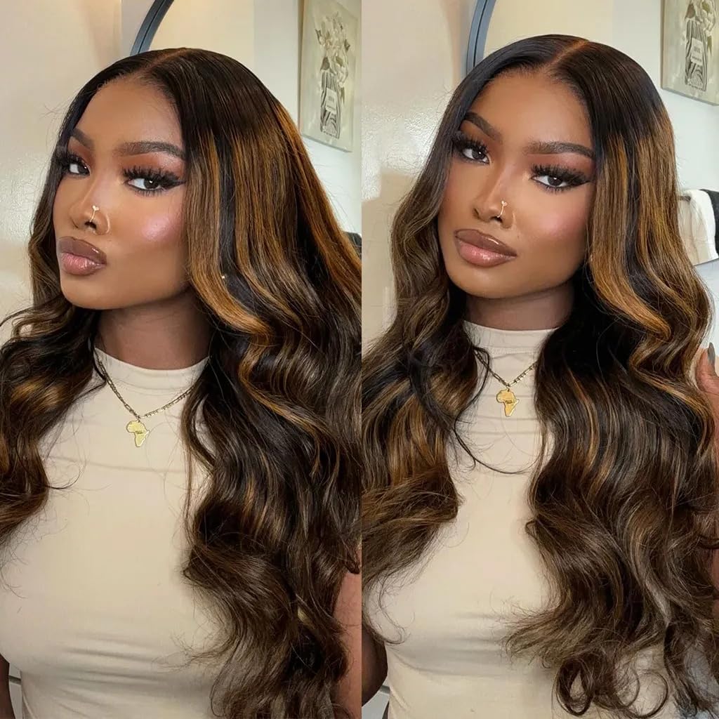13x6 HD Transparent Lace Front Wig - 26 Inch Pre Plucked Human Hair Balayage Ombre Wigs with 180% Density & Body Wave - Glueless Lace Frontal Wig in Auburn 1/30 for Daily Wear, Parties & Special Occasions