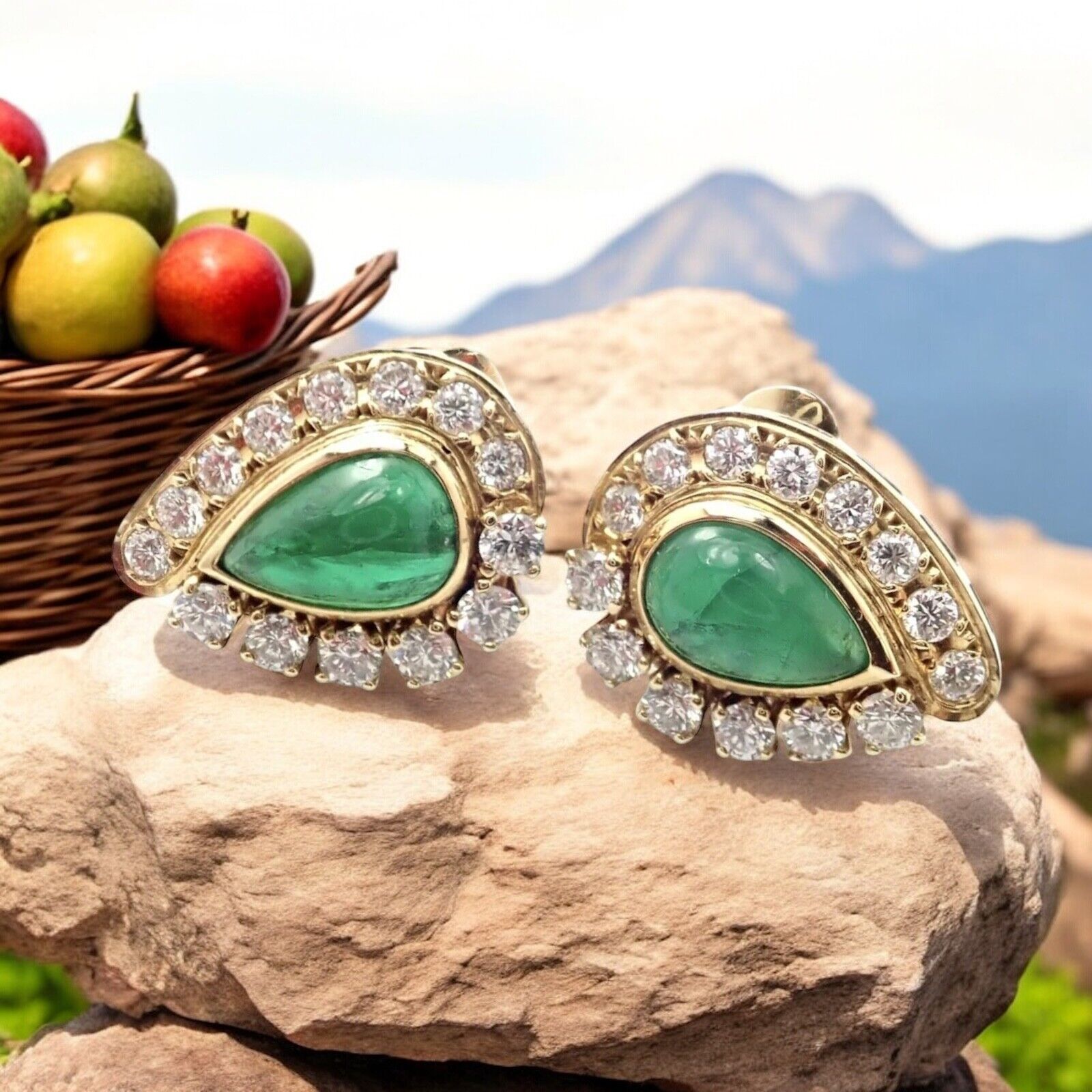 Authentic Mikimoto 18K Yellow Gold Diamond Teardrop Emerald Screw Back Earrings - Luxury Jewelry for Weddings, Parties & Special Occasions