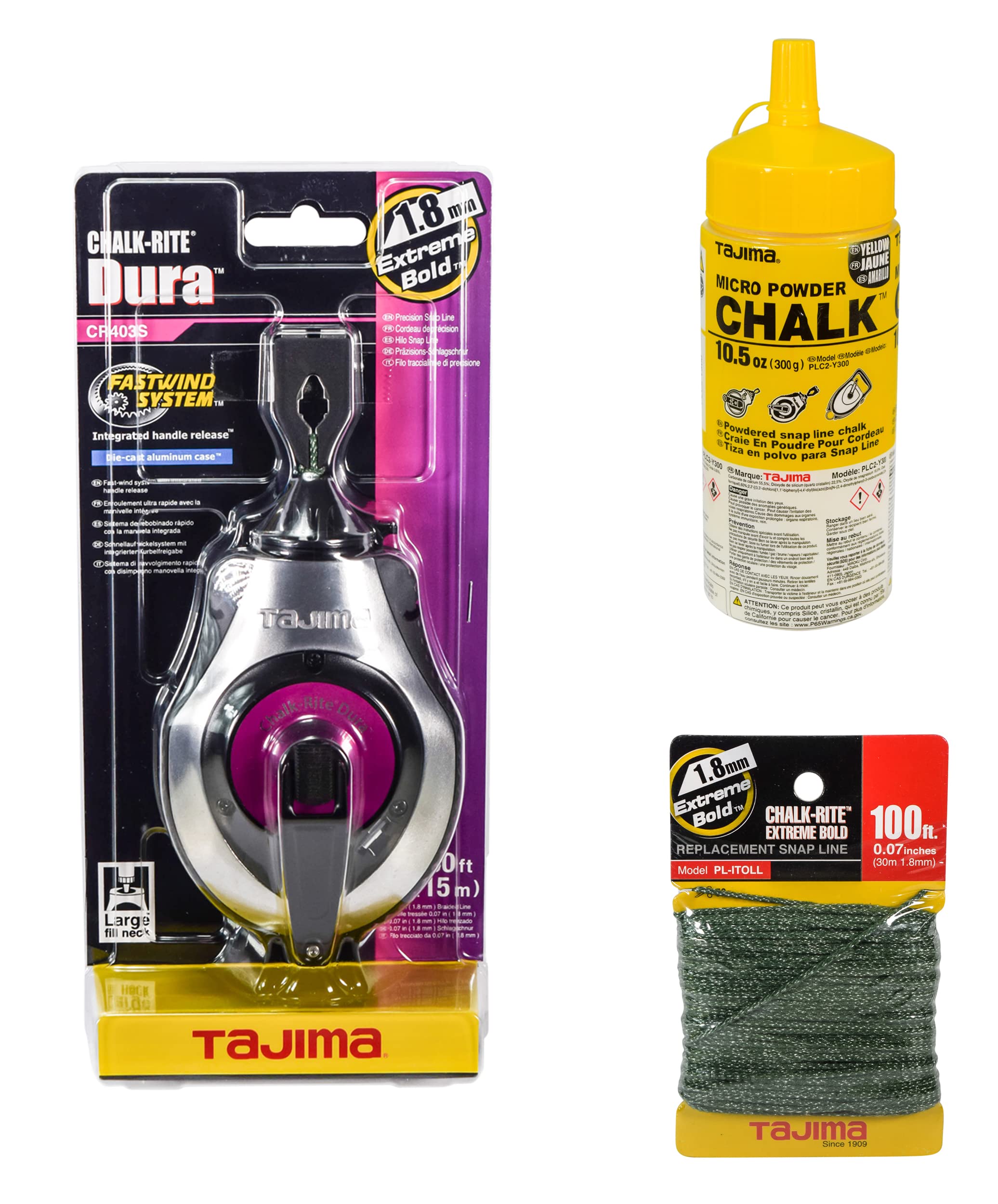 Tajima Chalk-Rite Dura 1.8mm Snap Line with Extreme Bold Braided Replacement Line & 10.5oz Ultra-Fine Yellow Chalk - Professional Chalk Line Tool for Construction, Masonry, Carpentry, and DIY Projects