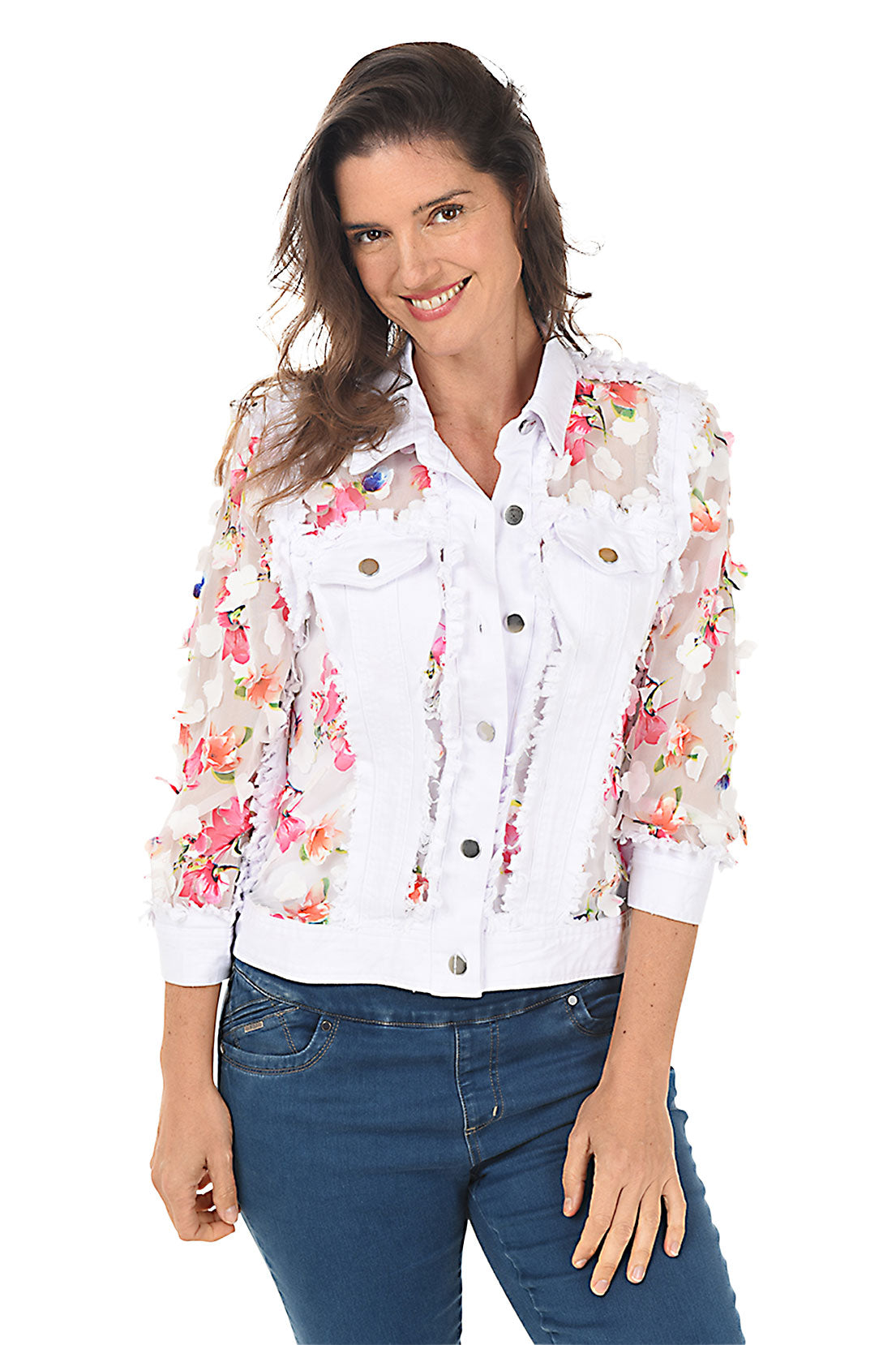 Distressed Denim Jacket with Floral Sheer Petal Design - Vintage Style Women's Fashion for Spring & Summer Outfits | Perfect for Casual Wear, Music Festivals and Street Style Looks