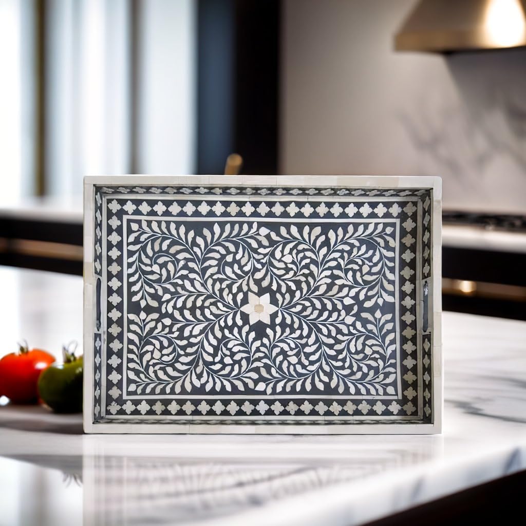 Exquisite Handmade Antique Bone Inlay Wooden Serving Tray - Elegant Black Ottoman Style Decorative Platter for Home Decor, Dining & Breakfast in Bed | Perfect for Coffee Tables, Gift Giving & Luxury Interior Design - Fairdeal Handicrafts