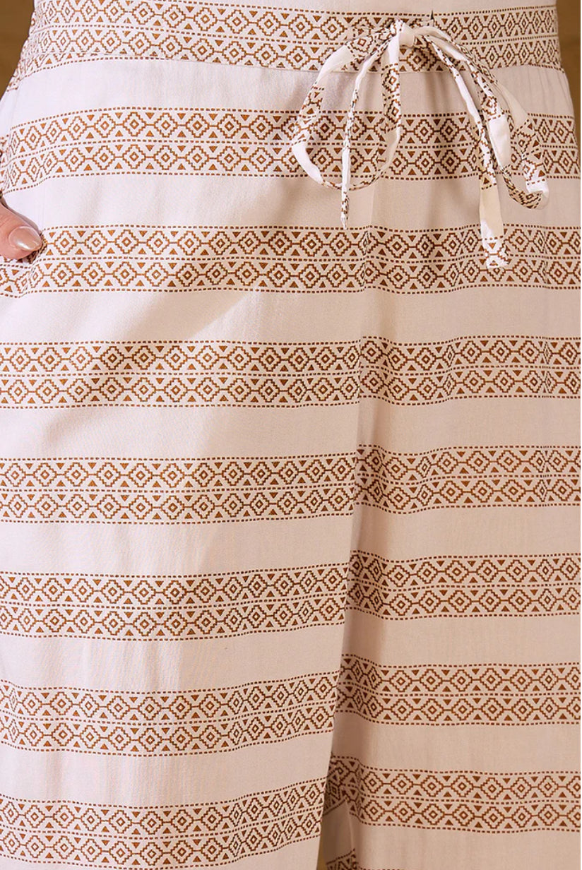 White Viscose Rayon Ethnic Printed Straight Suit Set for Women - Bohemian Style Summer Outfit for Beach, Vacation & Casual Wear