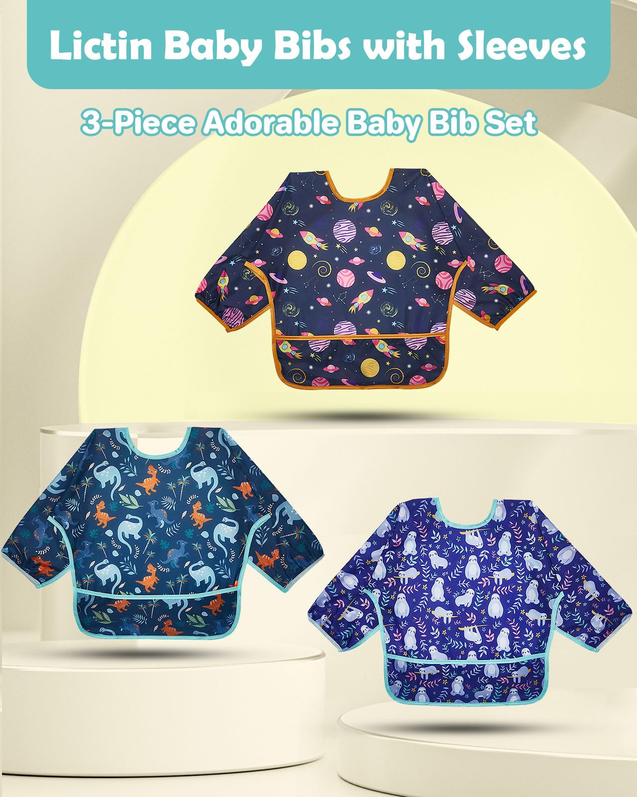 Lictin 3 Pack Baby Bibs for Boys & Girls - Waterproof Long Sleeve Toddler Bibs with Cute Designs - Perfect for Feeding, Mealtime & Messy Play