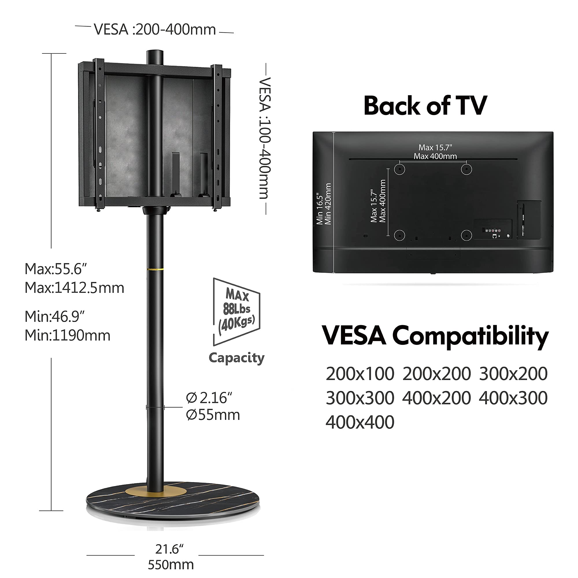 FITUEYES Mid Century Modern Black TV Stand for 37-65 Inch TVs - Marble Textured Glass Base & Concealed Storage Metal TV Stand - Living Room Entertainment Center for Home Theater Setup
