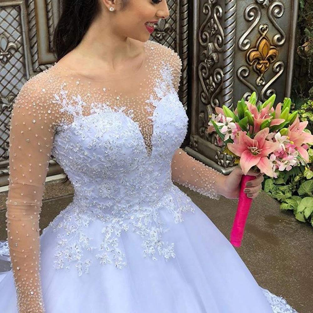 Elegant Crystal Beaded Wedding Dress for Women - Long Sleeve Ball Gown Bridal Gown | Perfect for Church Ceremonies, Formal Weddings & Special Occasions