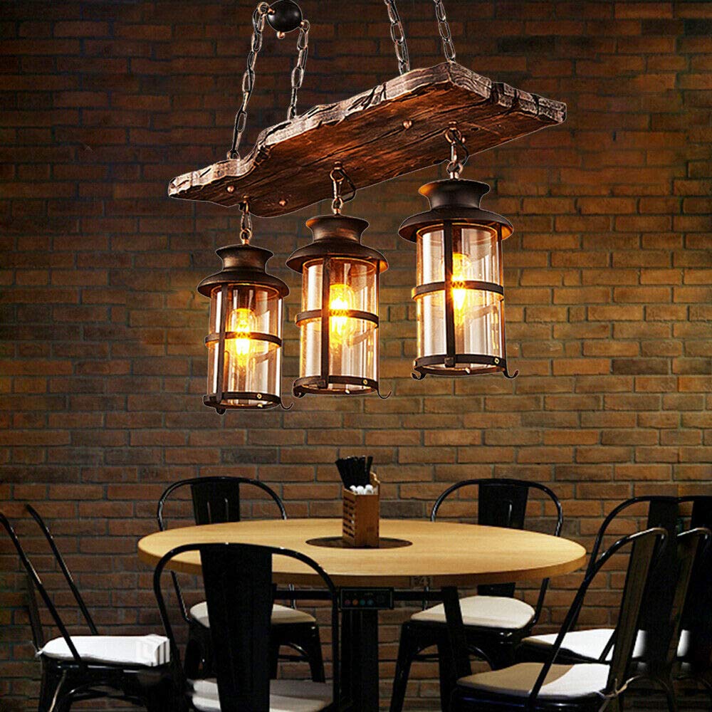 Rustic Farmhouse Chandelier - Wood & Industrial Metal Pendant Light Fixture with 3-Light E26/E27 Base for Dining Room, Kitchen or Living Room Ceiling Lighting