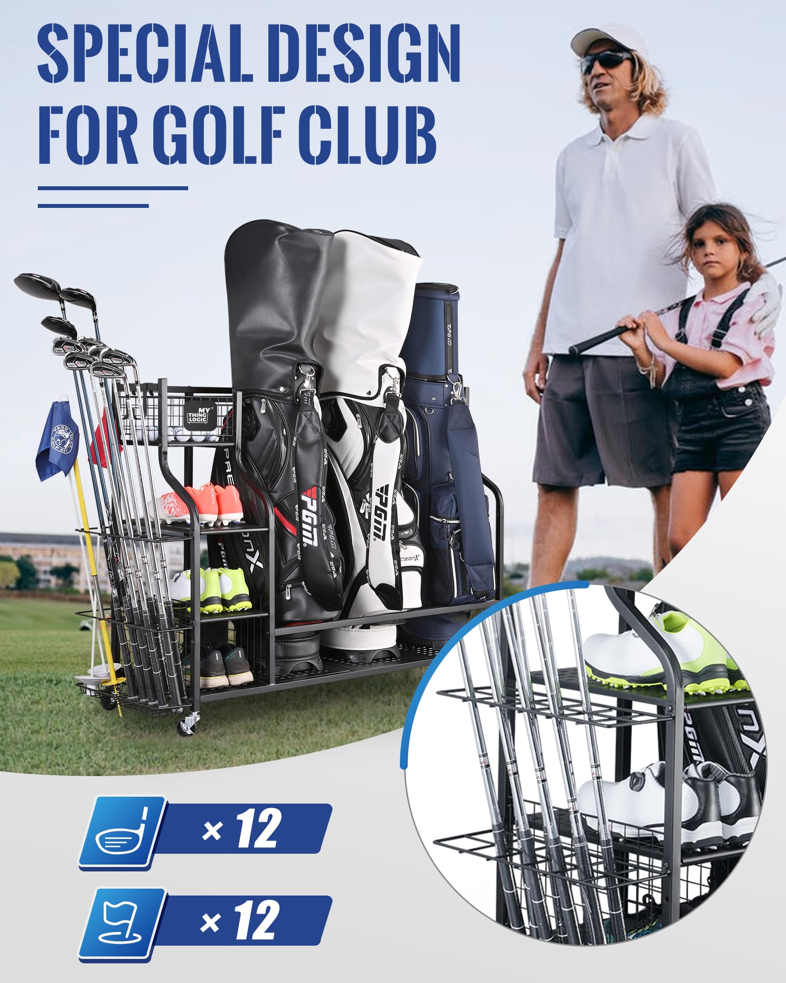 Mythinglogic Golf Storage Garage Organizer - Golf Bag Stand & Equipment Rack for Clubs, Balls & Accessories | Perfect for Home, Garage & Golf Course Storage Organization